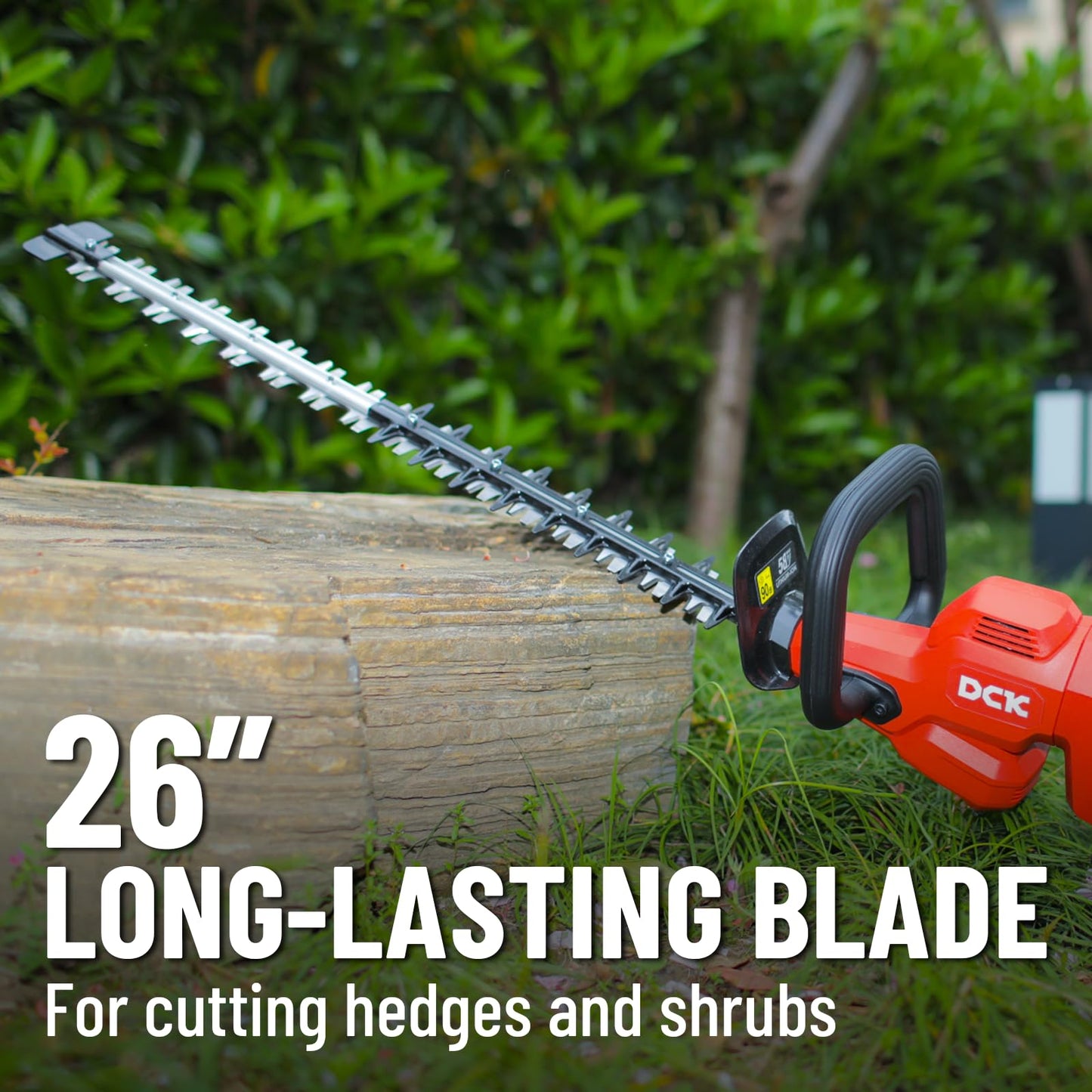 DCK 58V 26'' Cordless Hedge Trimmer, Brushless Bush Trimmer Dual-Action Blades, Variable Speeds, 5-Position 180° Rotating Handle, Anti-Vibration, 2.5Ah Battery & 5A Fast Charger Included