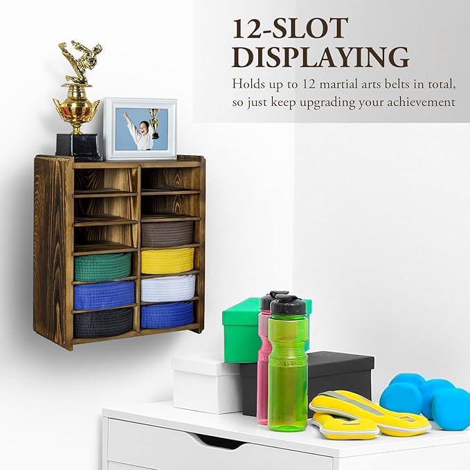 MyGift 12 Compartment Rustic Burnt Solid Wood Wall Mounted Dual Display Martial Arts Belt Holder with Top Trophy Storage Shelf in Horizontal or Vertical Mount