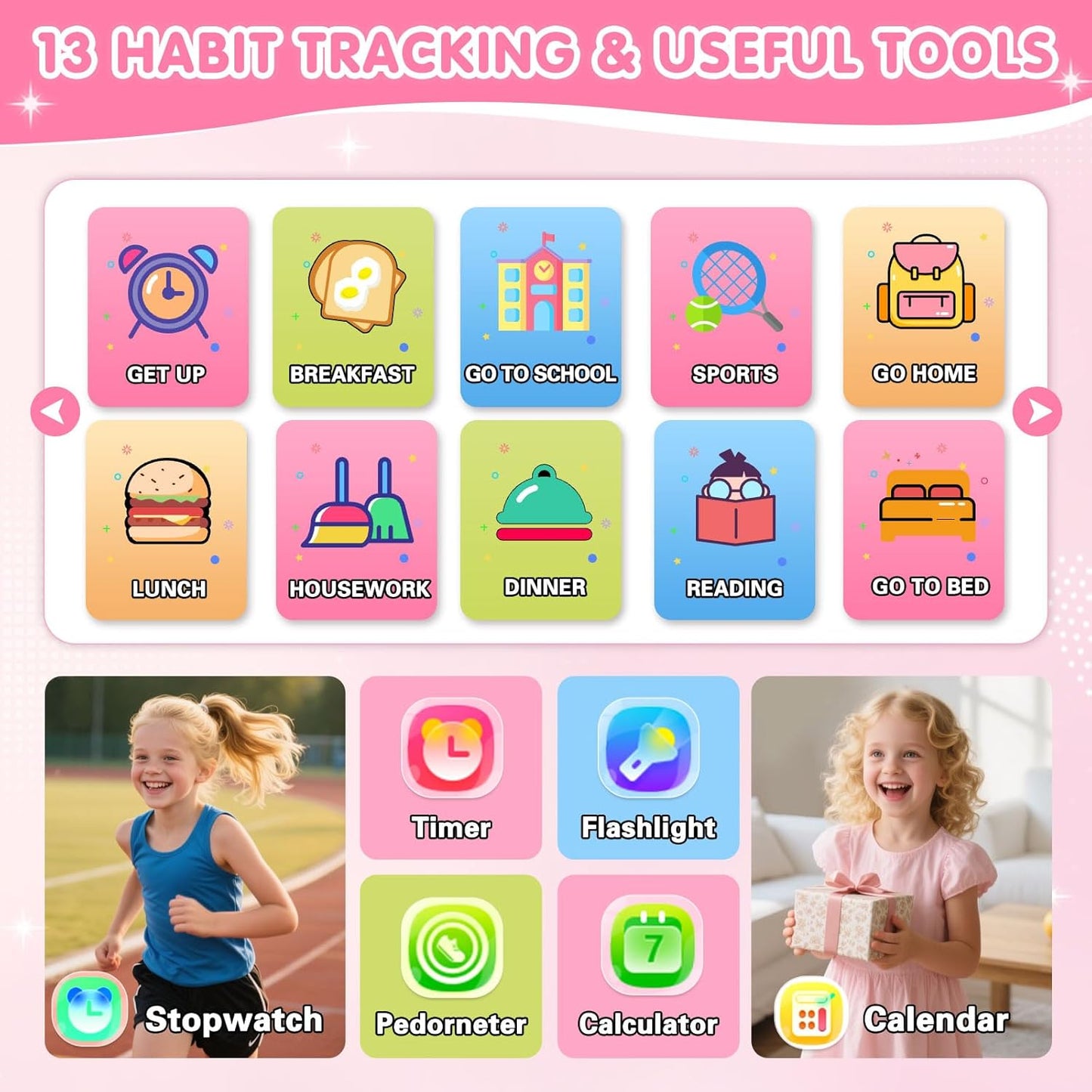 MOFGDNI 39 12/24 3-12 Smart Watch for Kids with Games Touchscreen Camera Video, Music Player, Pedometer, Calculator