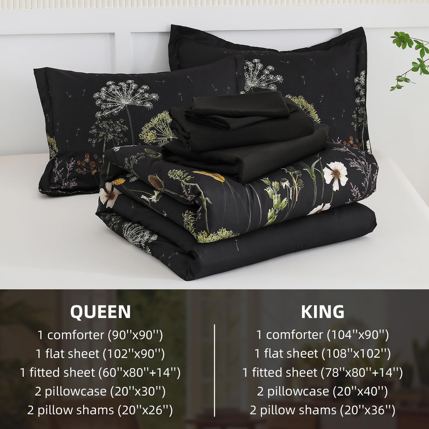 Yiran Queen Comforter Set, 7 Piece Black Dandelion Floral Comforter Bedding Set, Winter Bed in a Bag Queen, Soft Microfiber Complete Bedding Set with Sheets for All Season