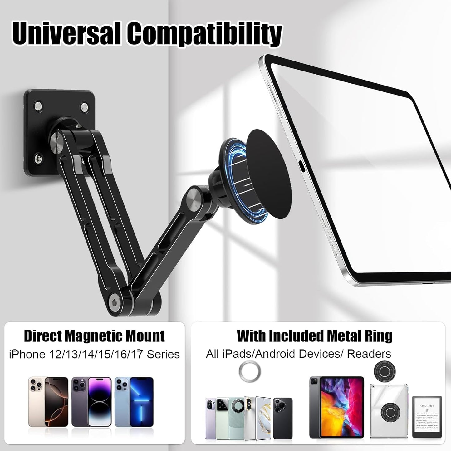 JUBOR 360 4.7-13" Magnetic Tablet Wall Mount, Rotating Alloy Steel Stand with MagSafe & Metal Ring, Foldable Arm