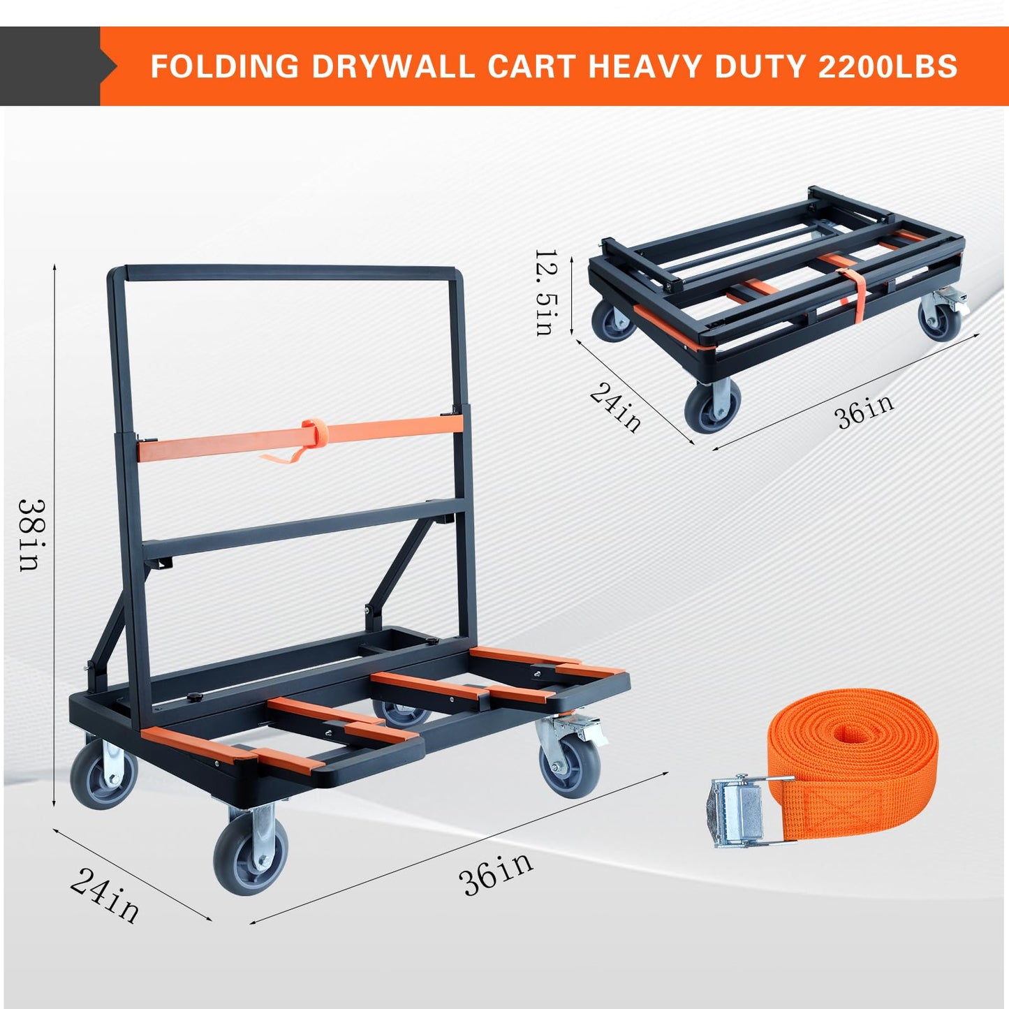 Shunwsw Upgrade Folding Drywall Cart Heavy Duty,2200 LBS Load Capacity Drywall Dolly,Portable Panel Cart for Moving Glass Panel Sheetrock Plywood Lumber (Orange)