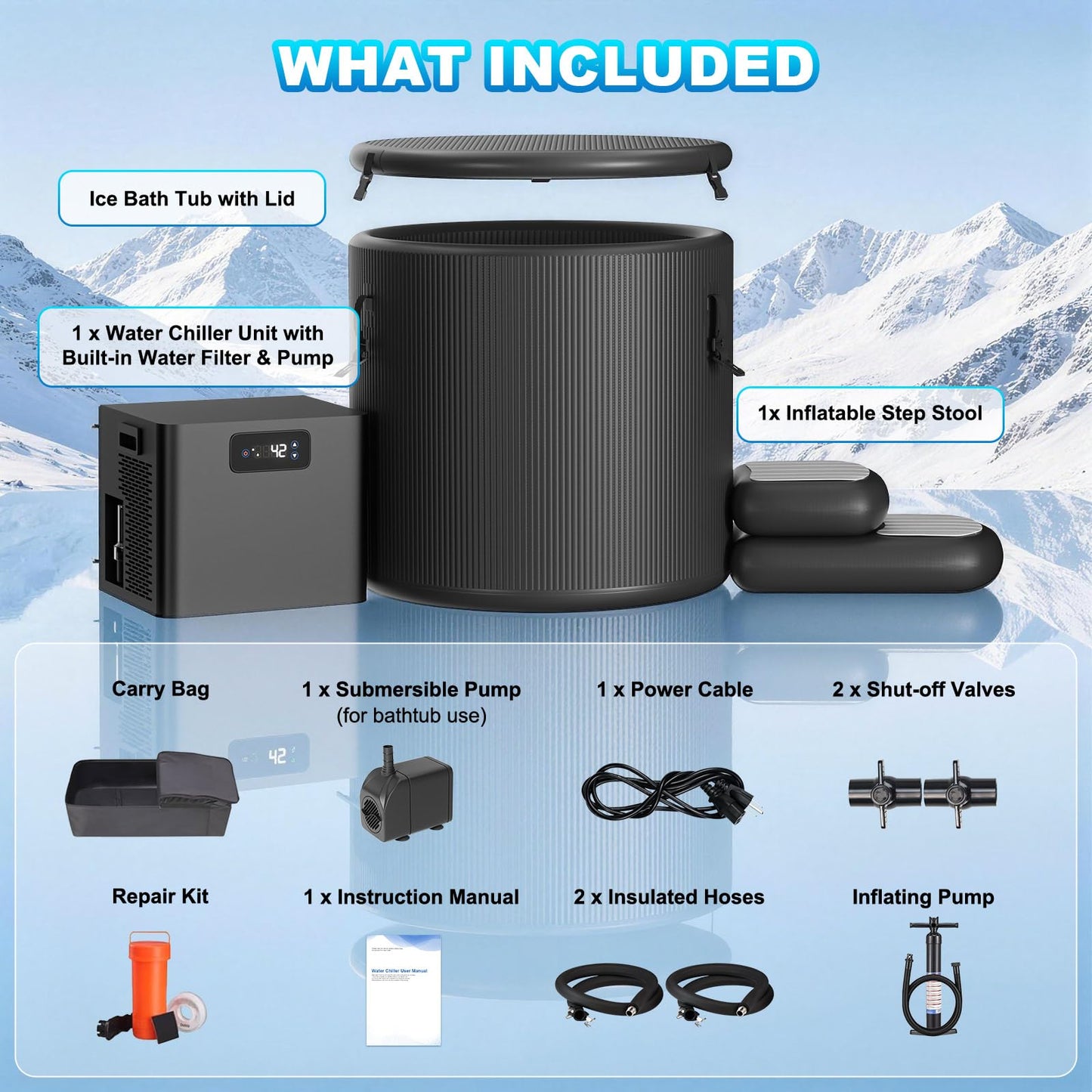 1/3HP Ice Bath Chiller & Cold Plunge Tub Kit, Cold Plunge Chiller with Built-in Pump, 120 Gal Inflatable Ice Plunge Tub, Cold Plunge Tub with Water Chiller for Cold Therapy