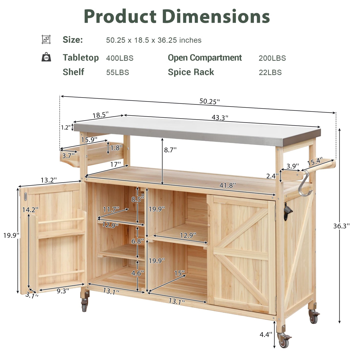 eodme Outdoor Cabinet for Patio Graden BBQ Grill Cart with Storage Cabinet, Home Rolling Kitchen Island Food Prep Table with Stainless Steel Top, Shelves, Spice Rack, Towel Rack(Natural Wood)