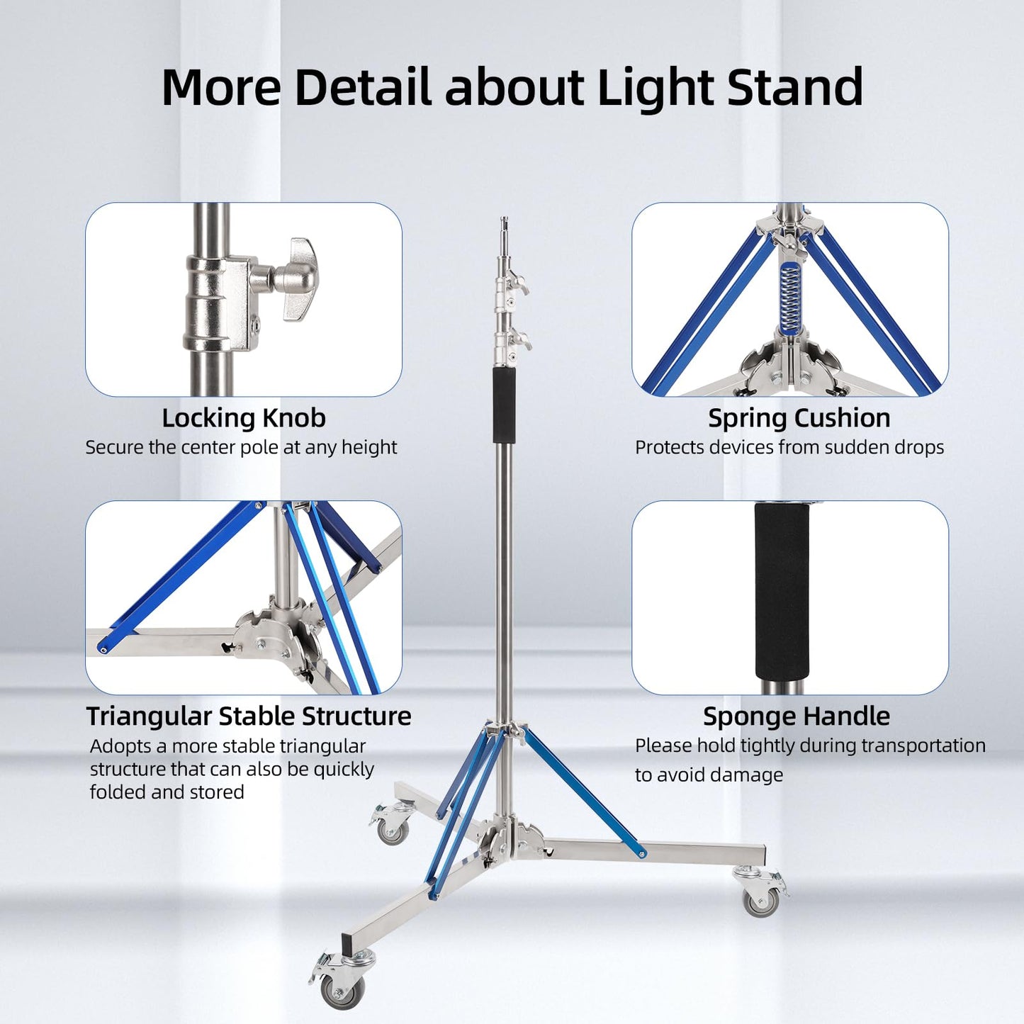 Trrose Heavy Duty Light Stand with Caster - 10.5ft/320cm Adjustable Light Stand with Stainless Steel, High Stability and Mobility Light Stand Photography for Strobe Light, Softbox, Reflector