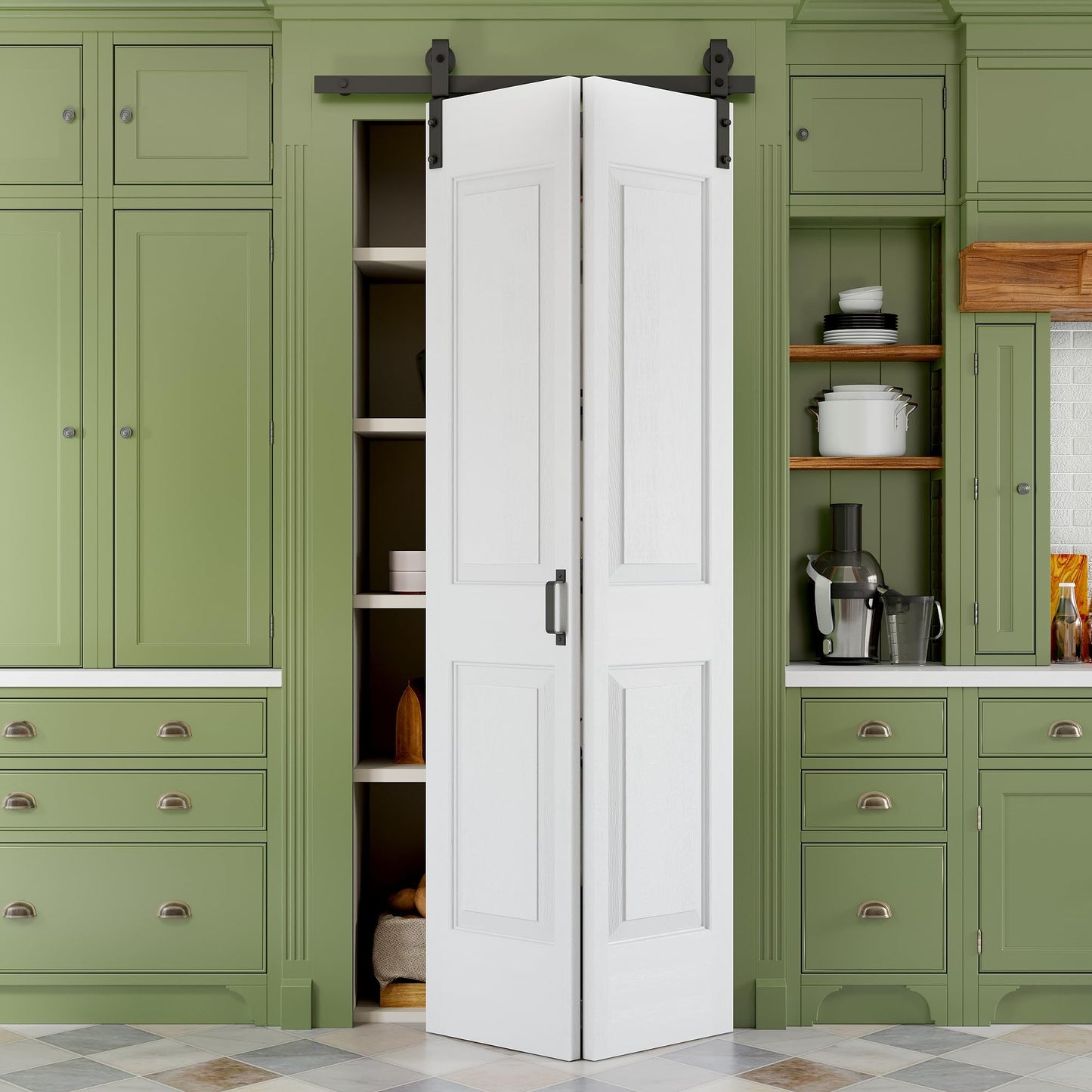 36" x 84" Paintable Bifold Barn Door, No Assembly Required, 4 Panels Bi Fold Sliding Closet Doors with Hardware Kit Included, 40" Track Kit for 2 Doors, Pre-Drilled Holes, White