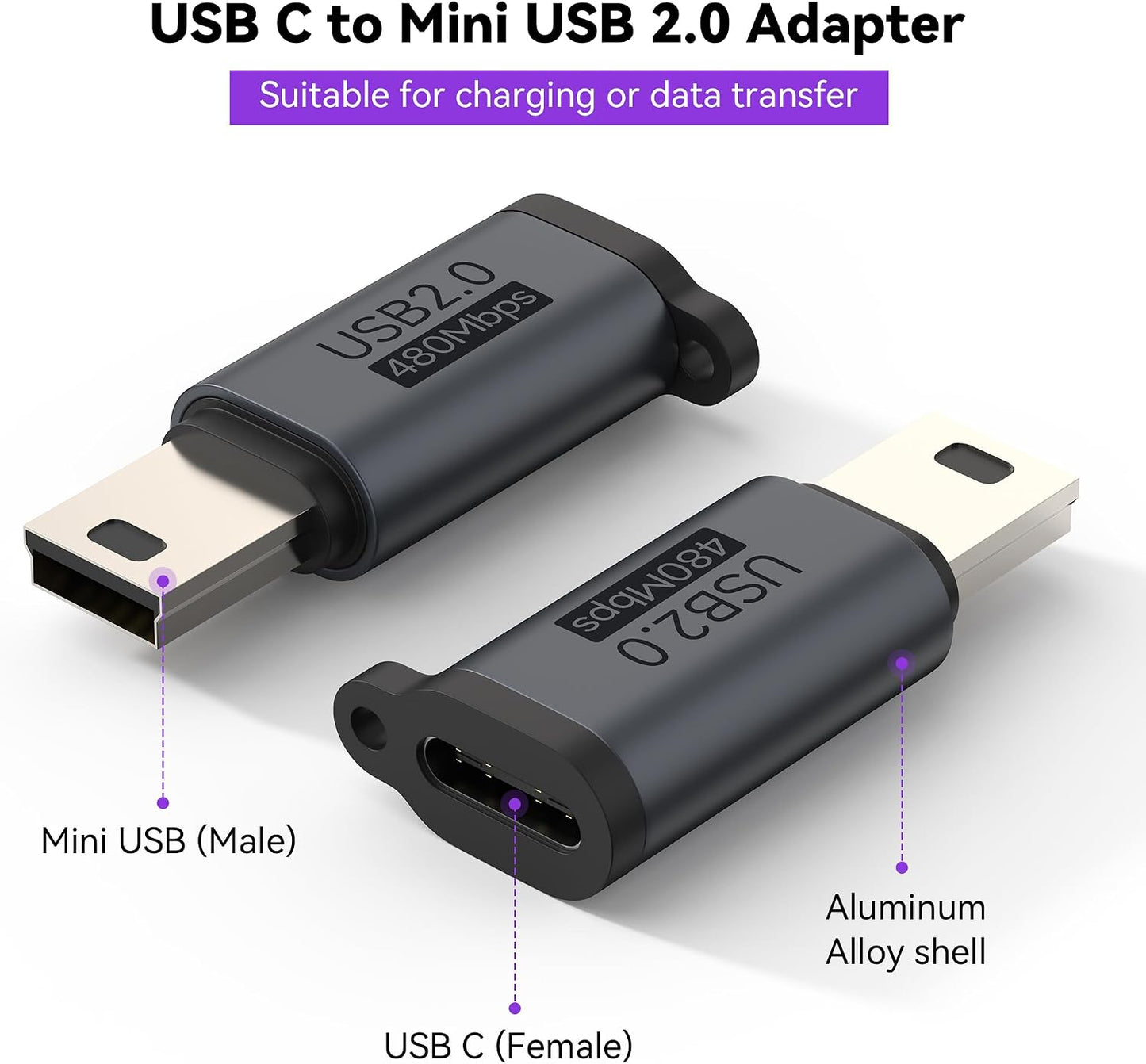MOSHOU TI-84 CE,TI-84 3+, MP3 Players(2 Pack) Mini USB Adapter for Plus Plus Series Graphing Calculators,USB C to Mini