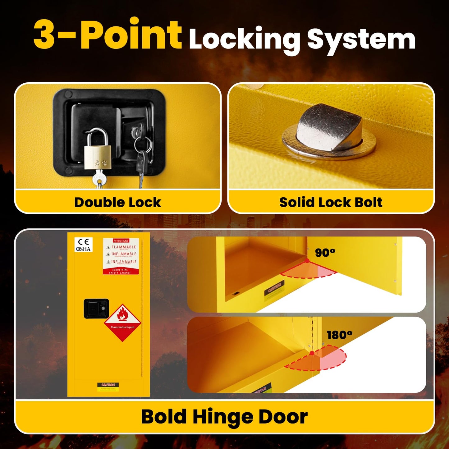 Flame Cabinet - OSHA/FM, 3-Point Lock & Leakproof Design | CE/ROHS Certified | Double-Walled Fireproof for Hazardous Material Storage, Gasoline Cans (35" x 23x 23)