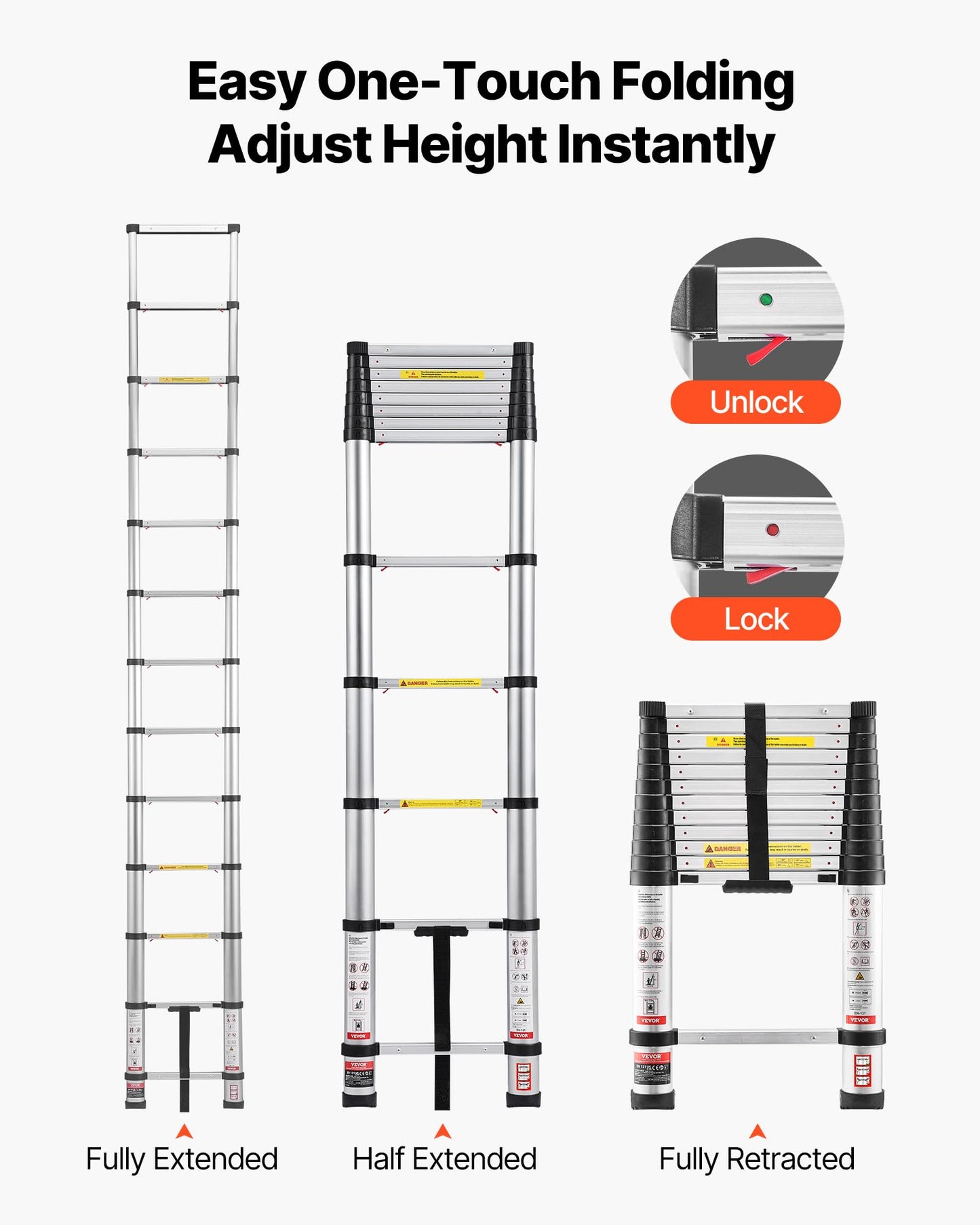 VEVOR 12.5ft Telescoping Ladder, Aluminum Lightweight Multi-Purpose Collapsible Extension, One-Touch Retraction Ladder, Heavy Duty 330LBS Max Capacity with Non-Slip Feet, for Home, Outdoor Work, Loft