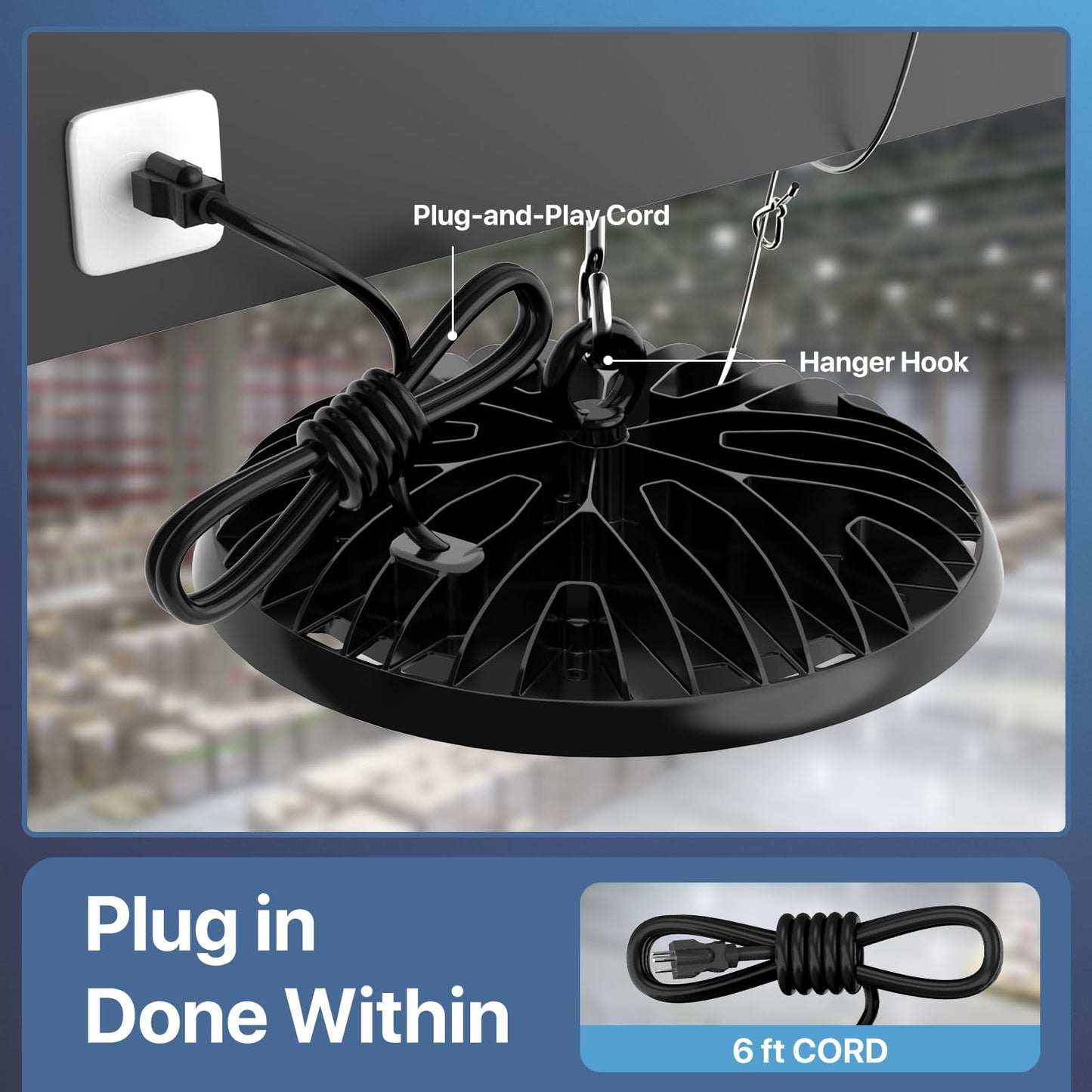 HYPERLITE UFO LED High Bay Light: 150W 19500LM High Bay LED Shop Lights with 6ft Plug - 5000K IP65 LED Warehouse Lights for Workshop Stadium Garage Lighting 6-Pack