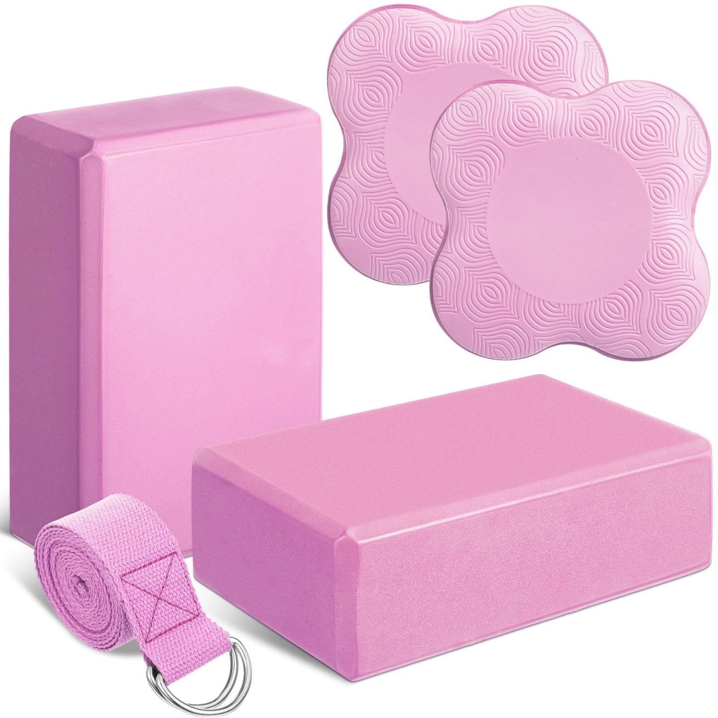 RoundFunny 5 Pcs Yoga Blocks Knee Pads Yoga Strap Set Soft Premium Foam Blocks Accessories for Pilates Meditation General Fitness Stability, Kneeling, Balance, Deepen Stretches and Toning (Pink)