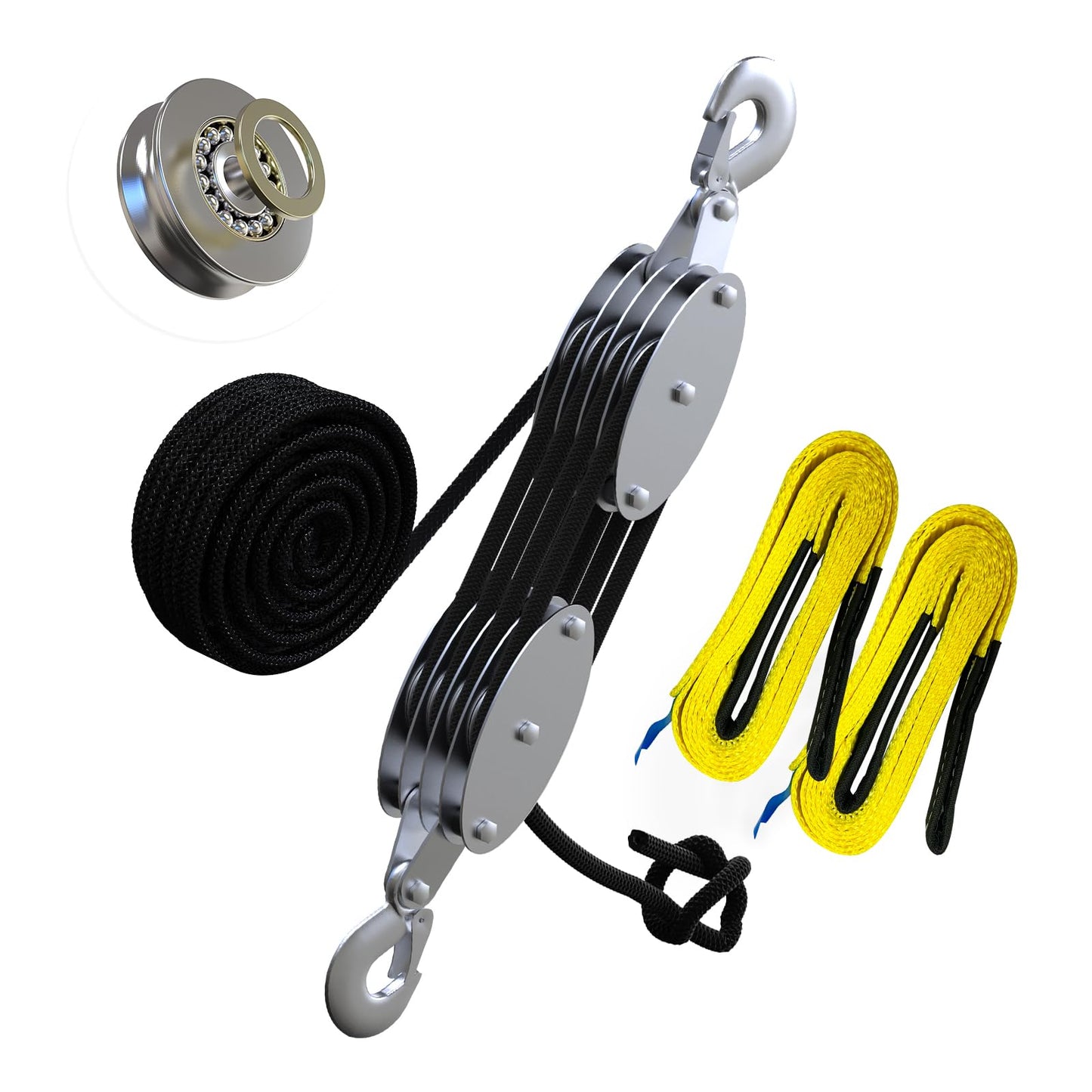 YATOINTO Rope Hoist Pulley System with Metal Bearing, 4400LB Pulley Block and Tackle, 8:1 Lifting Power 65ft, Heavy Duty Pulley Block for Hunting Lifting Garage Warehouses Building (with 2PCs Straps)