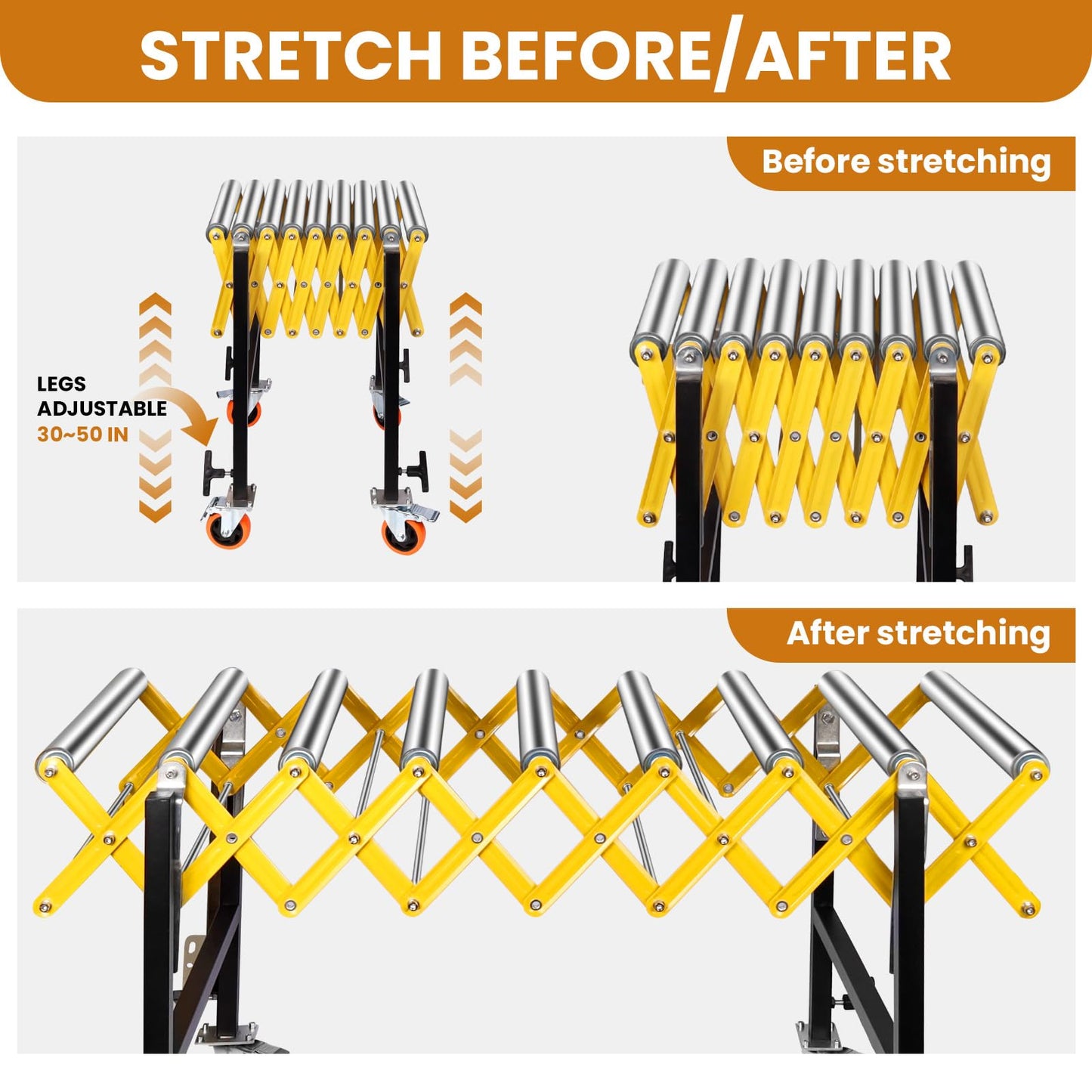 Connectable Conveyor Roller Stand - 660LBS Capacity, Adjustable Roller Conveyor, Built-in Hooks for Expandable Splicing (47-100in)