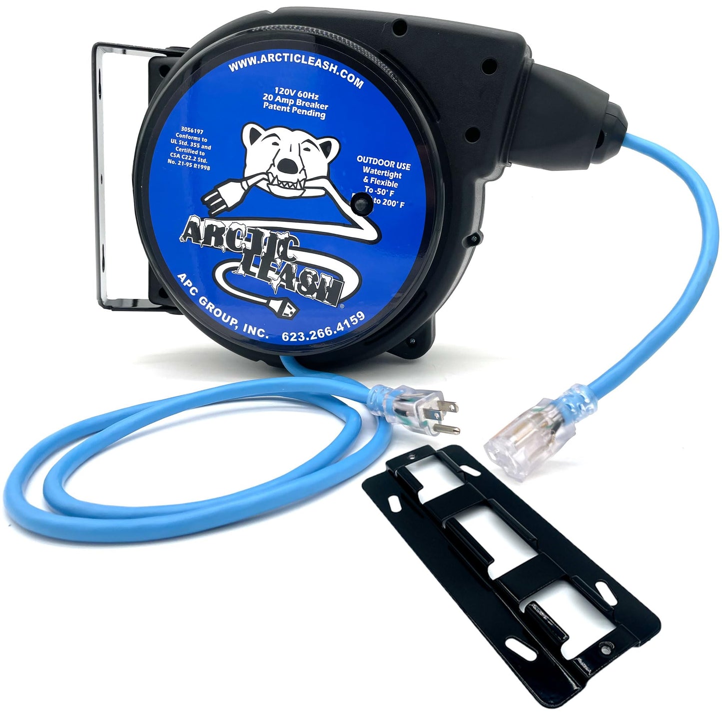 ARCTIC LEASH 80ft 14/3 SJEOOW Cable, Outdoor/Watertight, Extreme Cold Weather Retractable Extension Cord Reel – 80 ft with 20A Resettable Breaker, 180° Swivel Mount, Retractable to -60°F.