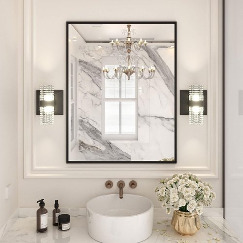 LOAAO Black Rectangle Bathroom Mirror - 28" x 36" Matte Black Aluminum Frame, Tempered Glass, Versatile Hanging Options