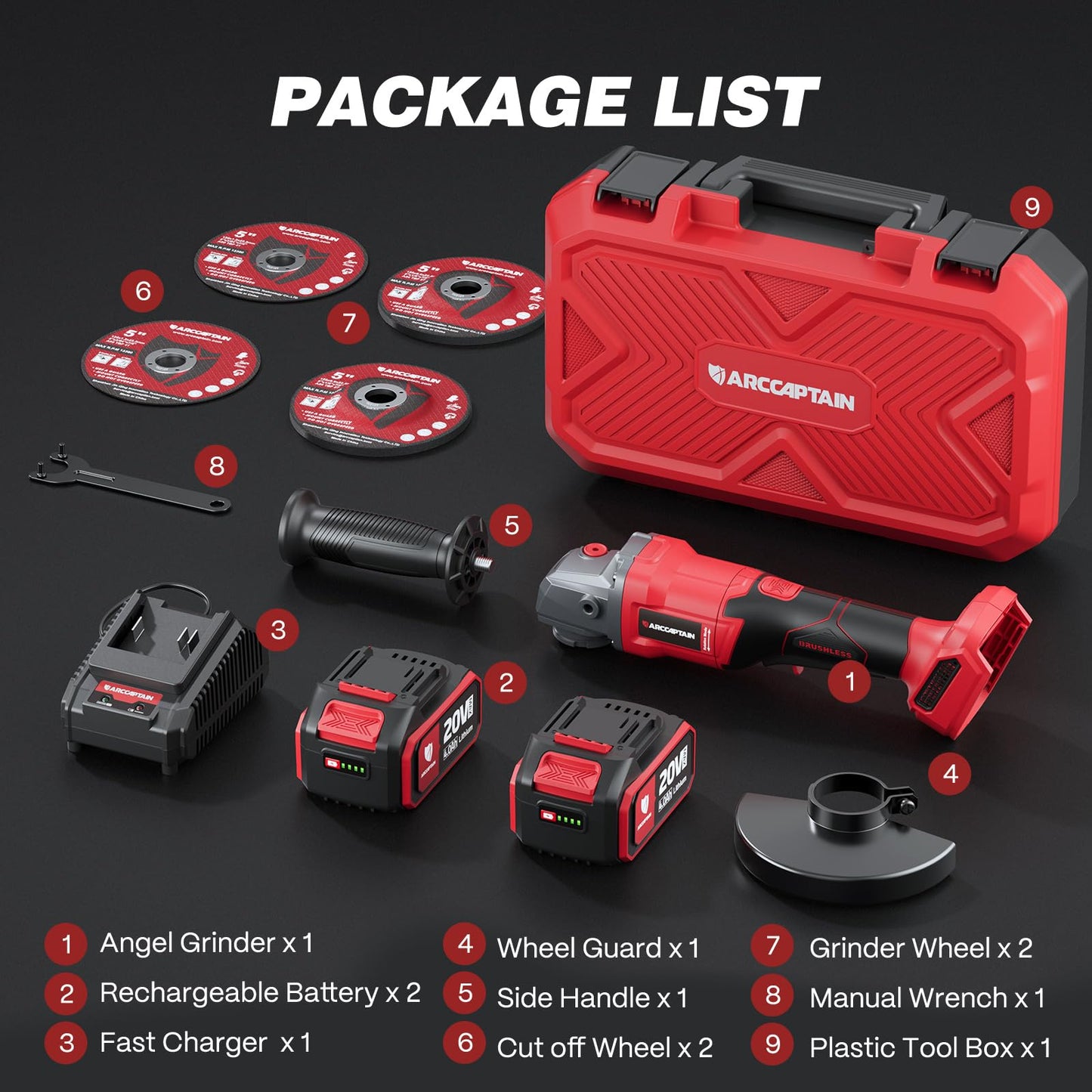 ARCCAPTAIN Angle Grinder Kit, 4-1/2 to 5",【Paddle Switch】9500RPM 1200W Brushless Power Motor Cordless Angle Grinder with 2PCS 4.0AH Batteries, 180°Rotatable Grinder Tool for Cutting/Grinding/Polishing