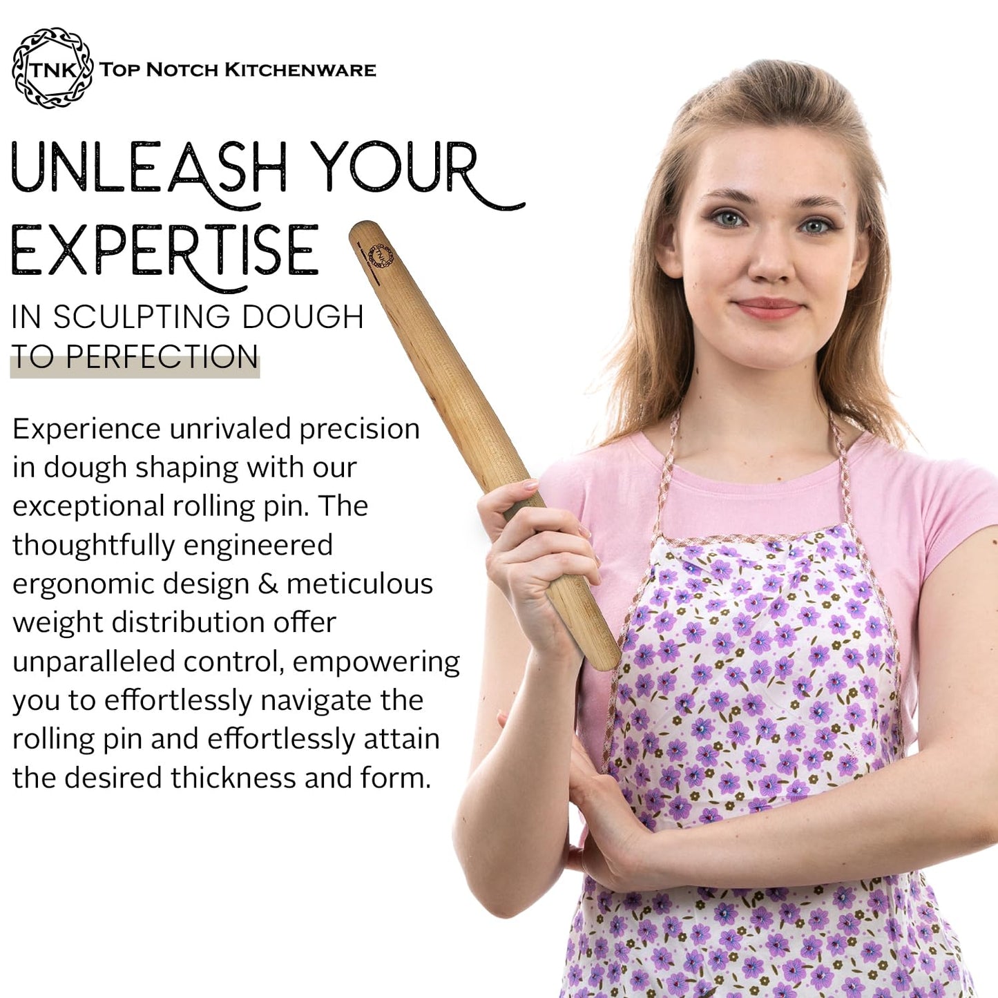 Top Notch Kitchenware | Sugar Maple French Style Rolling Pin | Tapered Solid Wood Design | Perfect for Baking Enthusiasts | Dough Roller | USA Made