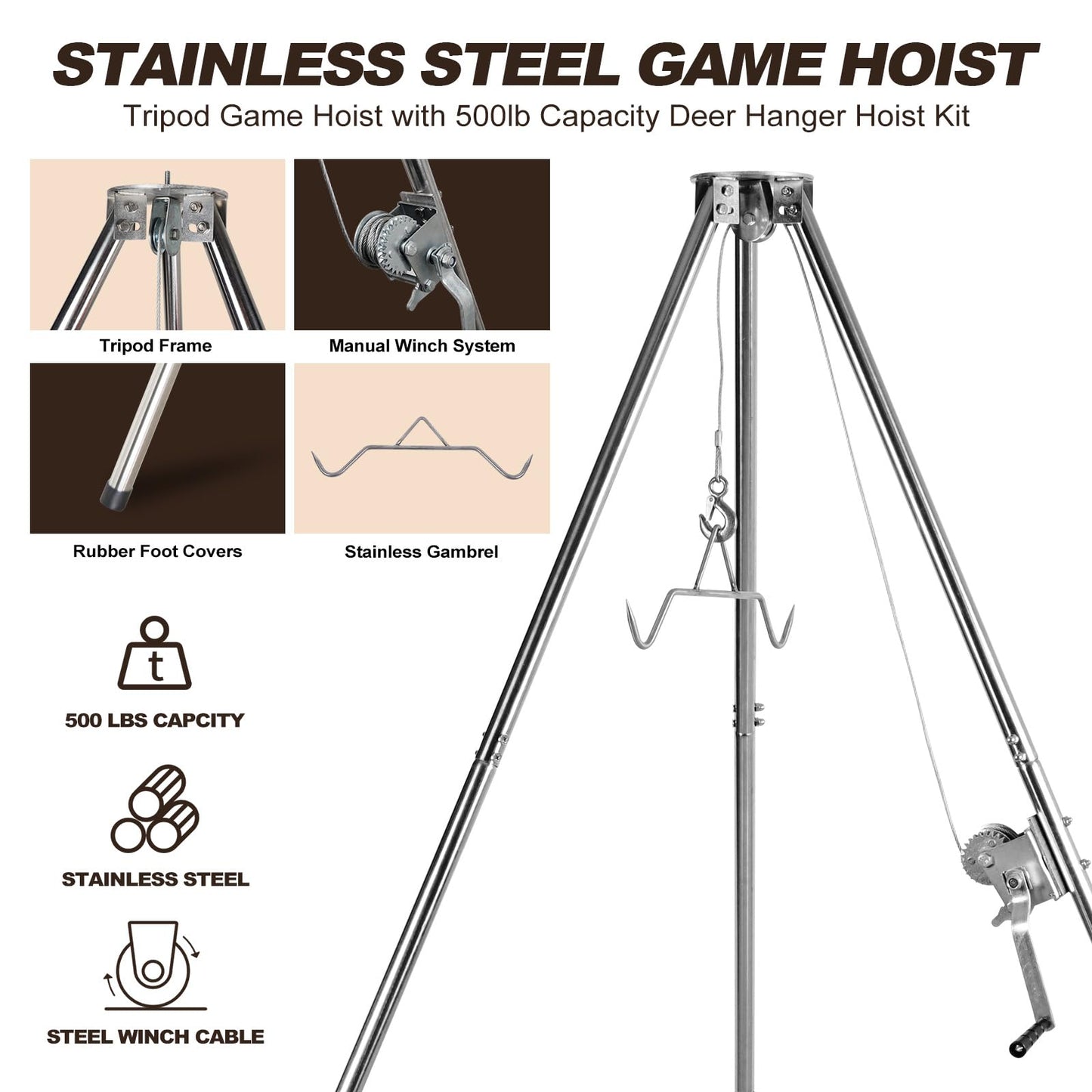 Deer Game Hoist Tripod Hanger Rack with Gambrel and Manual Winch 500 lb Capacity for Hunting, Deer Hanger for Skinning, Heavy Duty Game Hoist for Elk, Bear, Hogs, Goat, Shark, Tuna - Stainless Steel