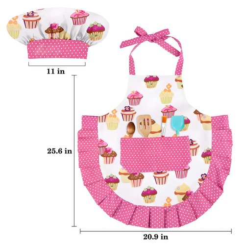 HKKDKTA Kids Aprons for Cooking,Kids Chef Hat and Apron with Large Pocket for Baking Cupcake kids Apron for 6-12 Years