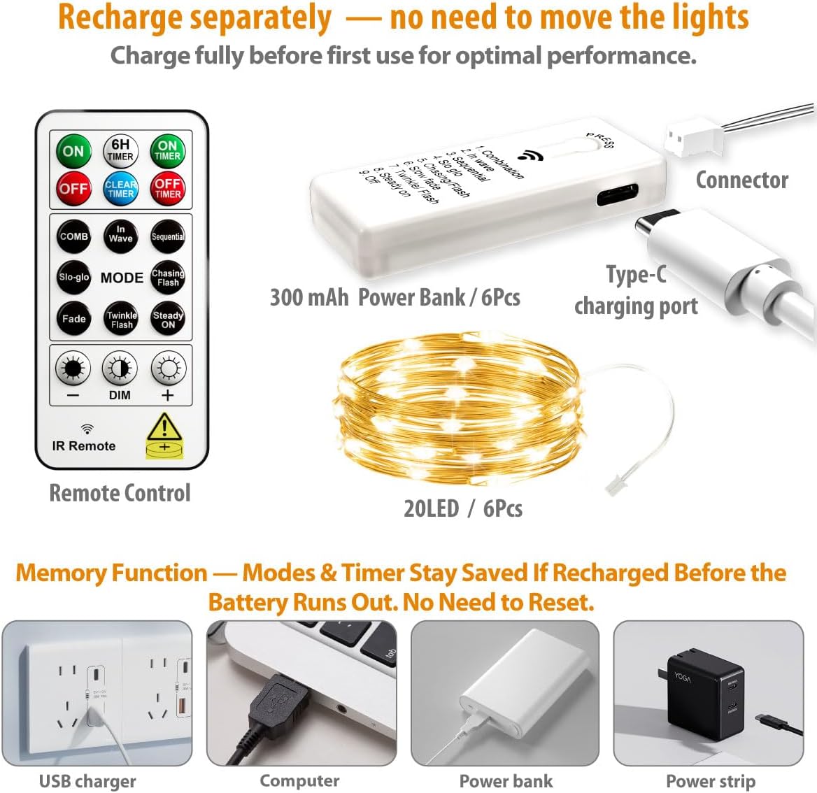 Skiennix 120L Twinkle Lights - 100 LED Rechargeable Fairy Lights with Remote & Timer Bundle