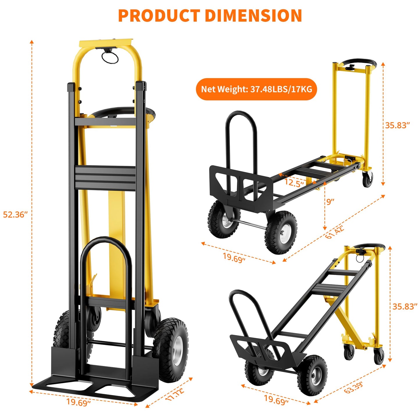 3 in 1 Dolly Cart with Wheels, 800Lbs Capacity, Heavy Duty Folding Hand Truck, Rolling Utility Cart for Transport and Moving in Home, Office, Warehouse, Supermarket