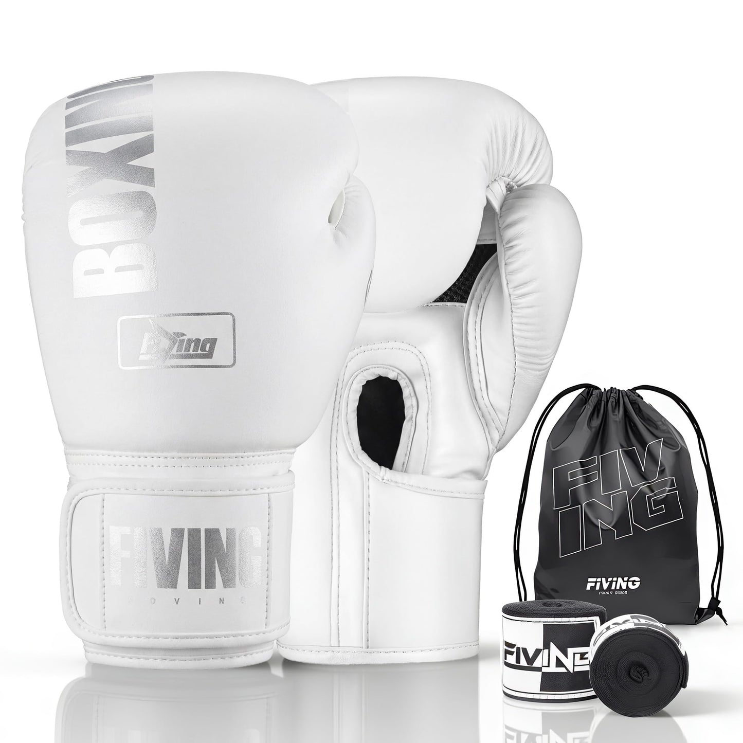 FIVING Boxing Gloves with Hand Wraps for Men and Women, Kickboxing, Mixed Martial Arts, Muay Thai, MMA, Heavy Bag Training (White, 14oz)