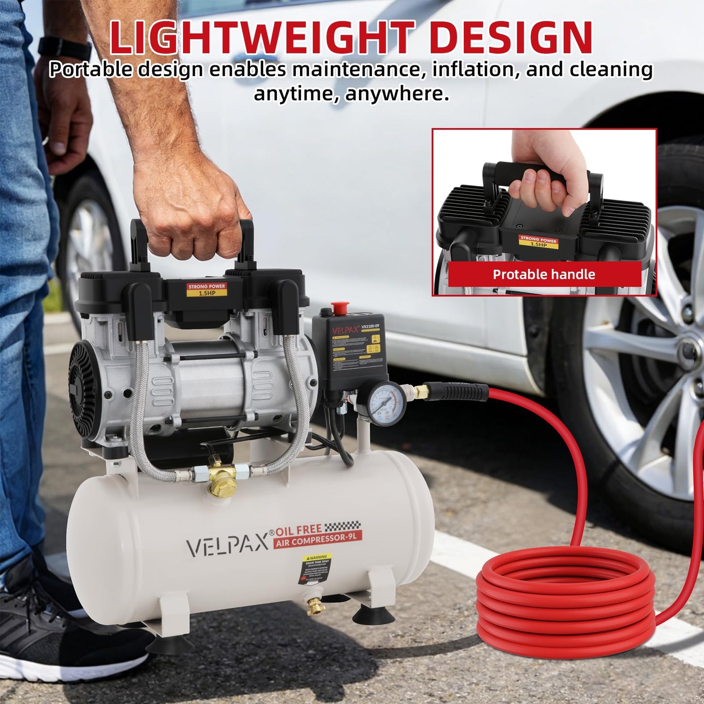Ultra Quiet Air Compressor, Only 60dB, 2.4 Gallon Tank, Oil-Free, 110V/60Hz 1.5HP, 6.71CFM@115PSI, Air Compressor Perfect for Spray Painting, Auto Repair, Tire inflation, Woodwork nailing