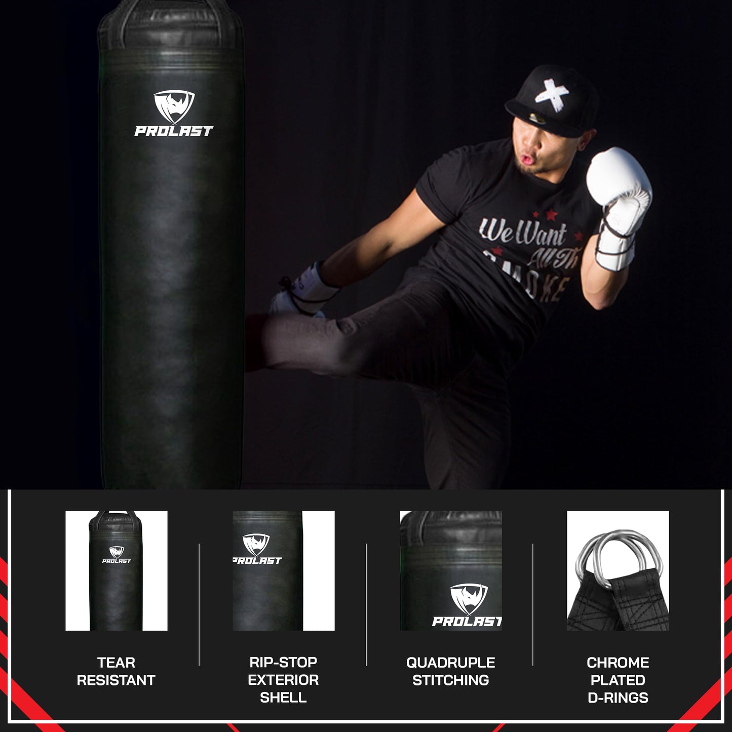 PROLAST 4 ft 80lb Heavy Boxing Punching Bag, Muay Thai, MMA, Strength Training Equipment, Hanging, Filled, Black