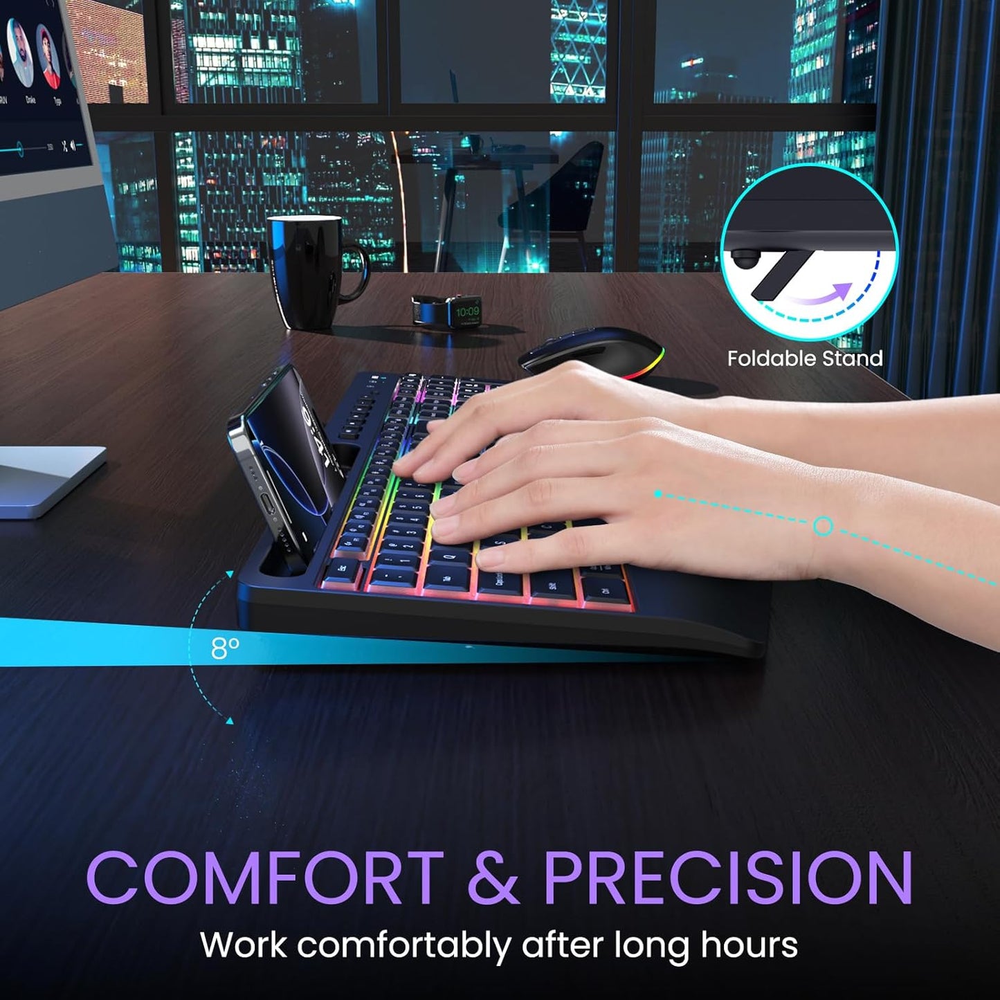 VEILZOR 2.4G 9 Set Wireless Keyboard and Mouse Combo- Rechargeable Keyboard with Phone Holder, Ergonomic Wrist Rest