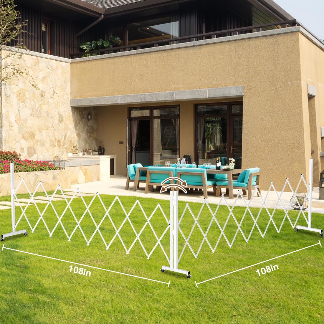 Expandable Driveway Gate, Portable Barricade Gate with Casters, Metal Folding Security Gate, 209" Wide Aluminum Expandable Garden Fence, Outdoor Dog Fence for Yard (White, 213)