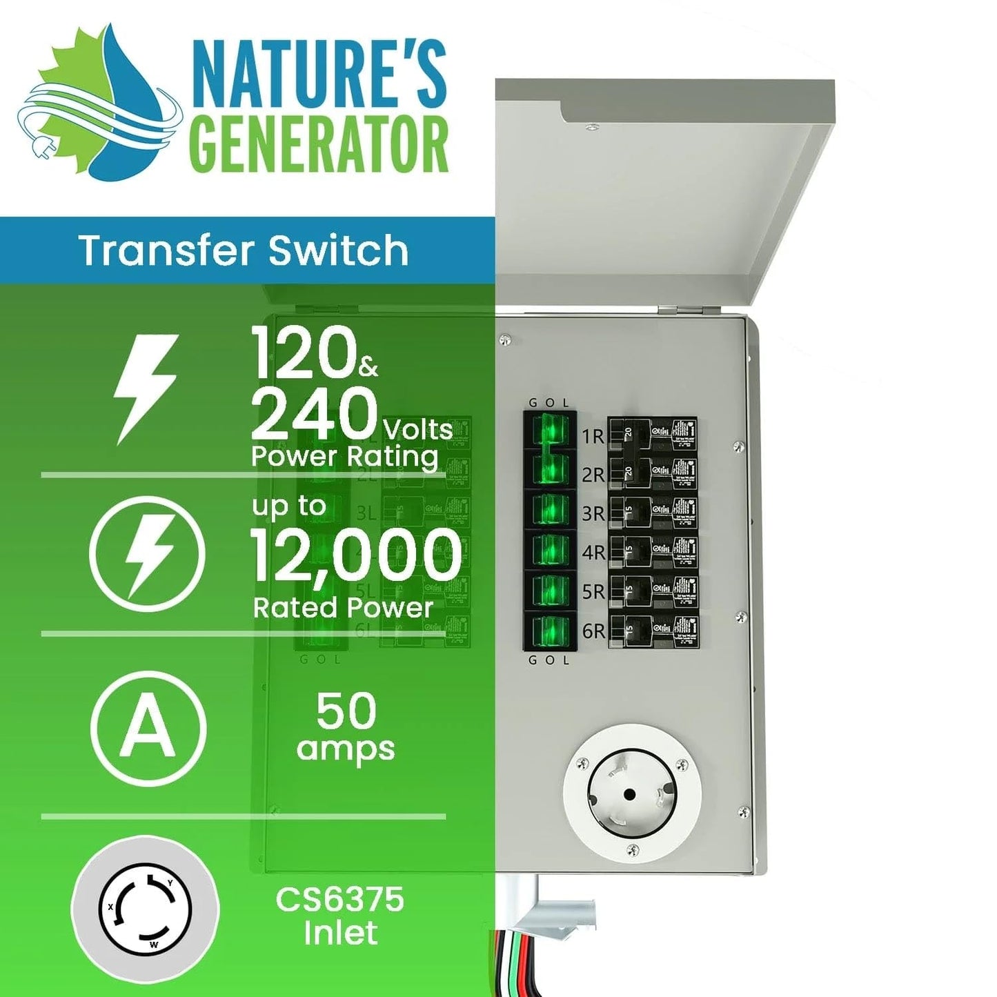 Nature's Generator Manual Transfer Switch 12-Circuits 120/240V 50A Non-Automatic UL Power Transfer Kit (Indoor)