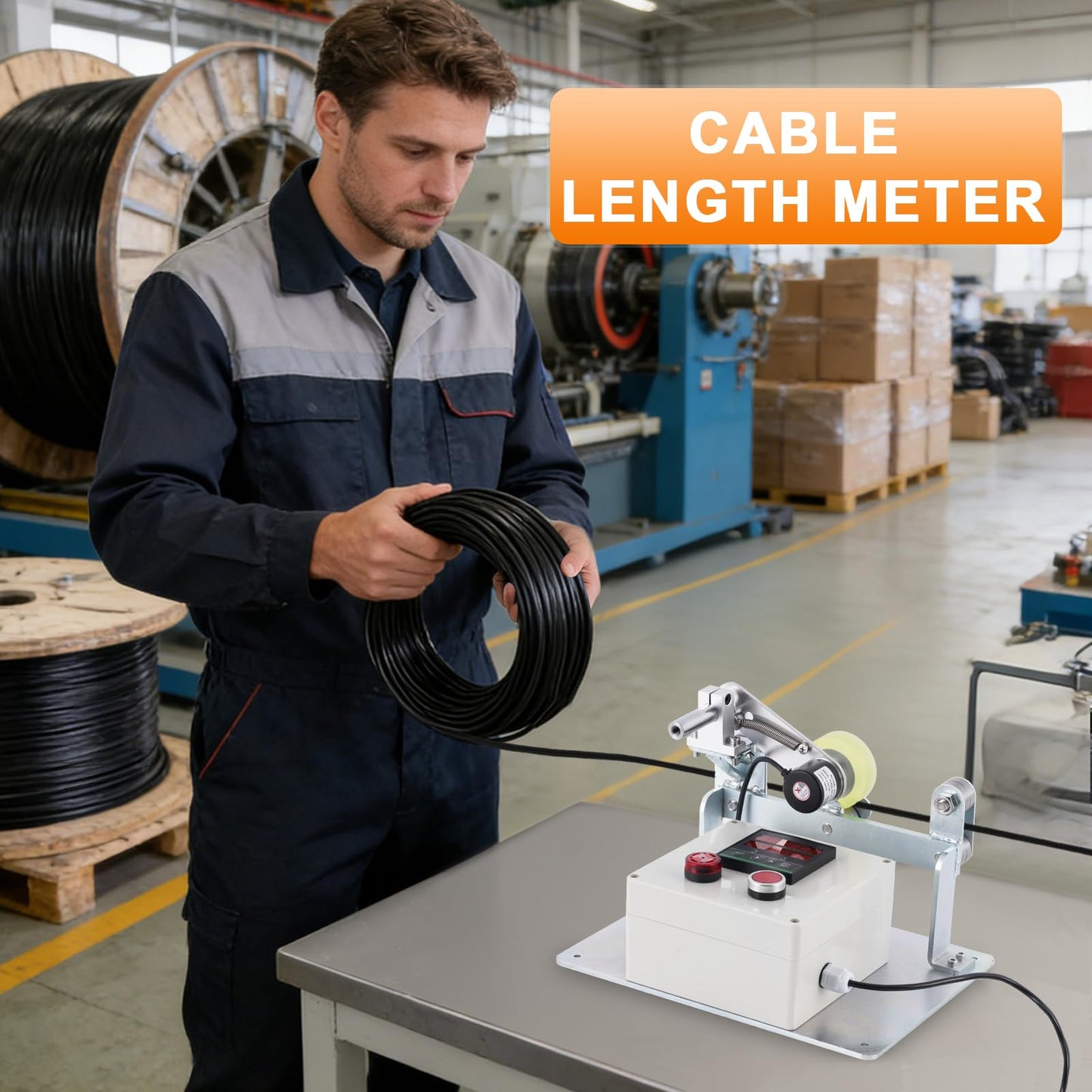 JIAWANSHUN Digital Wire Cable Length Meter Counter Measured Wheel in Feet Inches Meter Yard, Alarm, Initial Value Setting Input 100-240V
