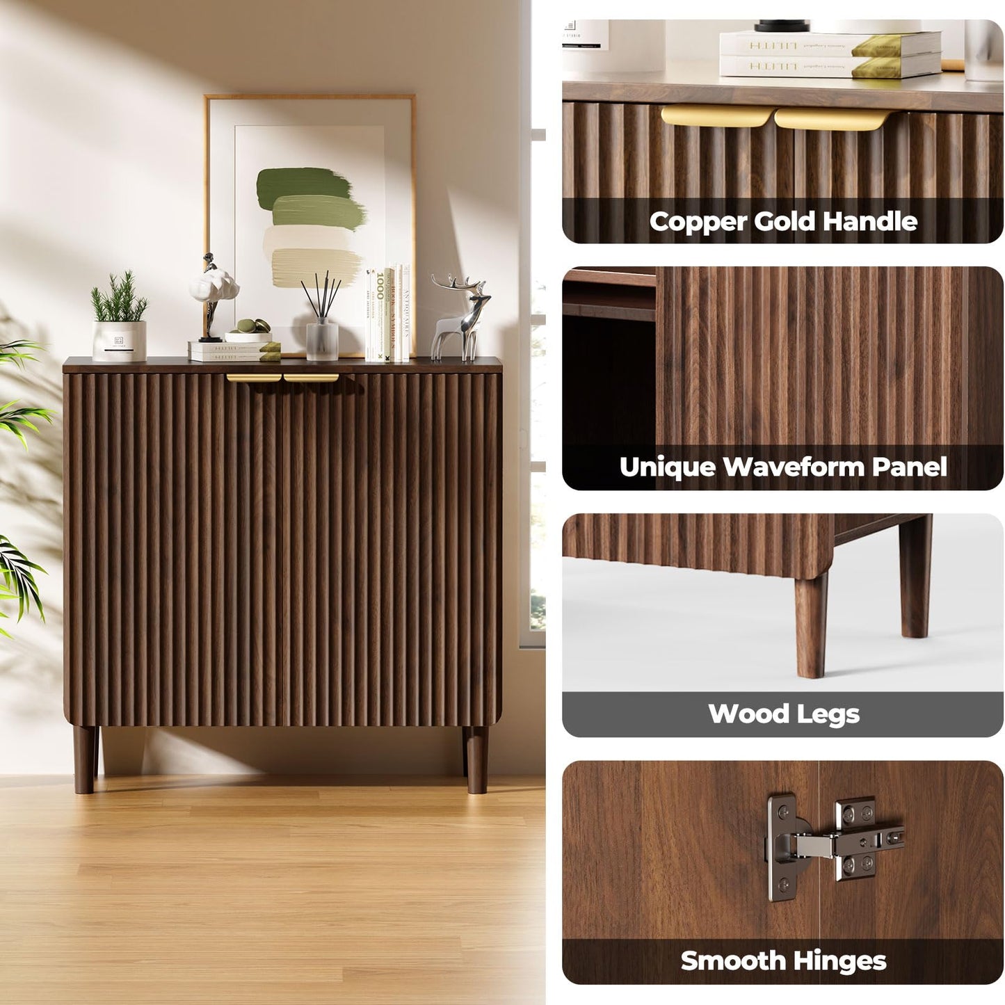 LOOMORA Sideboard Buffet Storage Cabinet - Wood Cabinets with Adjustable Shelves Fluted Doors, Anti-Tip Console Table for Kitchen Dining Living Room or Entryway Hallway, Easy Assembly, Walnut