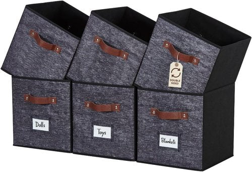 DECOMOMO Storage Bins - Fabric Cube Storage Bins with Labels | 10.5" x 11" | Set of 6, Black Pattern