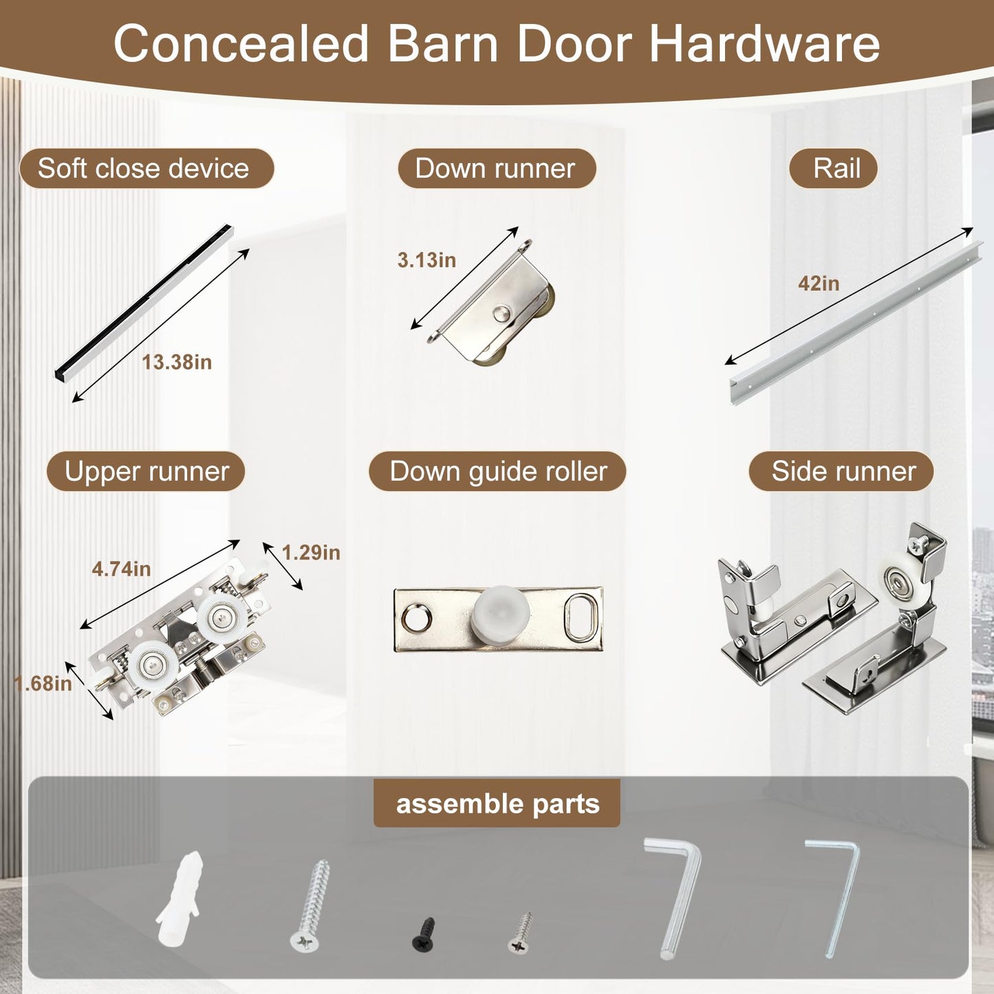 Souyou 42" Concealed Sliding Barn Door Hardware Kit with Soft Close Mechanism for 34"-38" Passage Opening, Hidden Sliding Door Hardware, Floating Wall Mounted (NO Door)