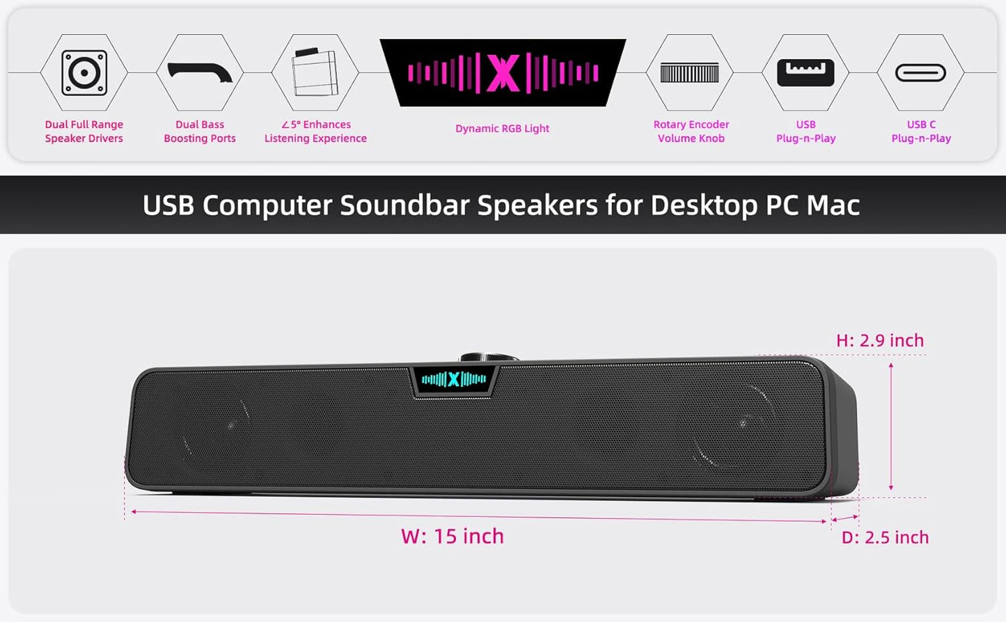 XKX Computer Speakers Soundbar for Desktop PC Mac, USB Plug-in, Wired, External Speakers for Laptop Desk Monitor, RGB