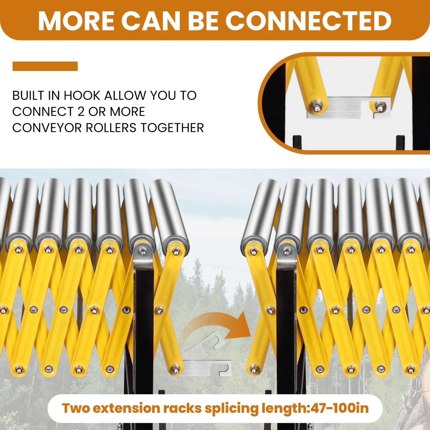 Connectable Conveyor Roller Stand - 660LBS Capacity, Adjustable Roller Conveyor, Built-in Hooks for Expandable Splicing (47-100in)