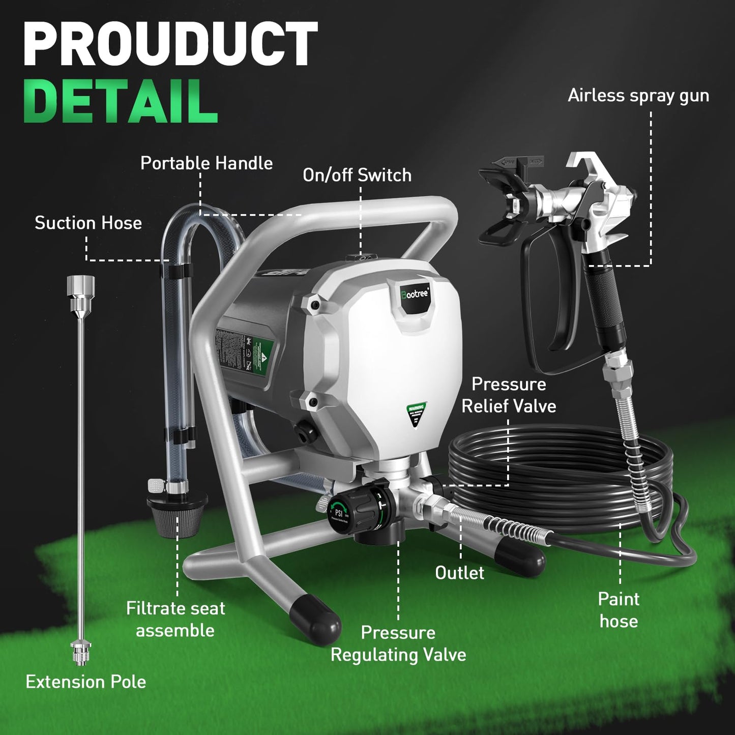Baotree Airless Paint Sprayer, High-Pressure Electric Paint Spray Gun with Extension Rod, Thinning-Free Professional Painting Tool for Interior/Exterior Walls, Fences, Ceilings, Cabinets (Mecha Style)