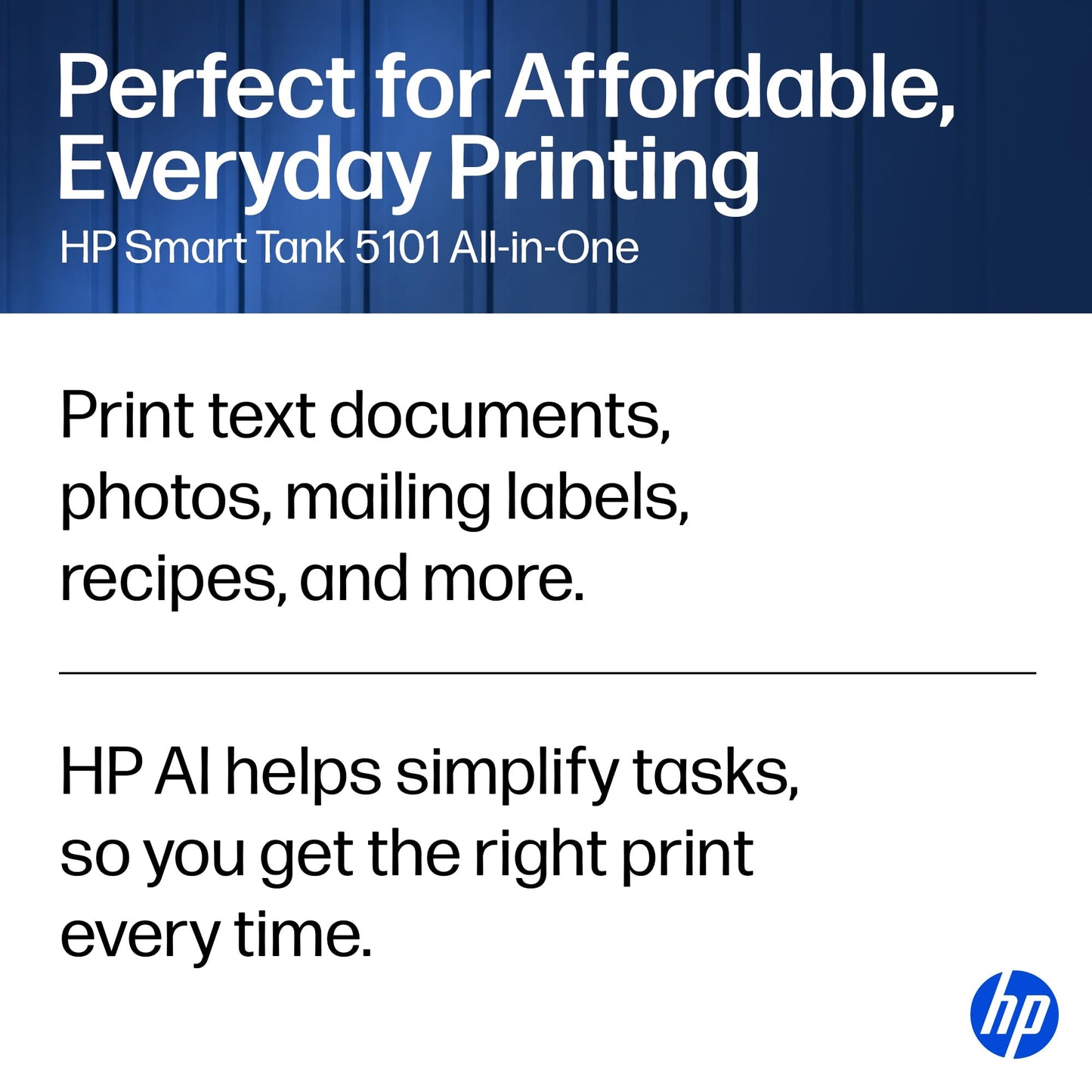 HP Smart Tank 5101 Wireless All-in-One Refillable Printer, Scanner, Copier with 2 years of Ink included, Wireless printer-for-home use. (1F3Y0A)