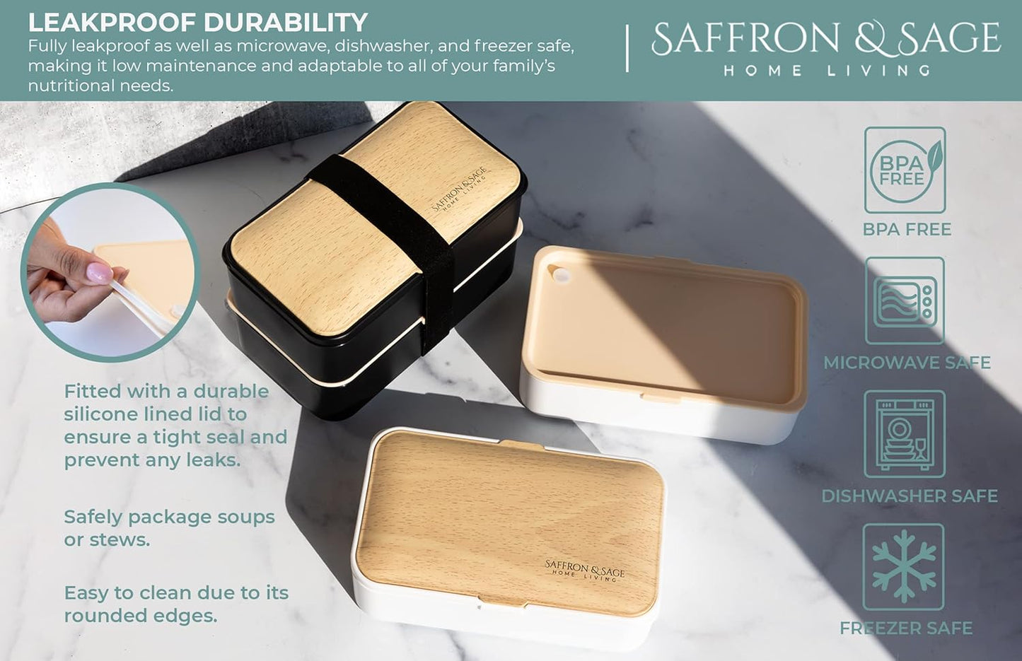 Saffron & Sage Bento Lunch Box - 42oz White Japanese Style Box with Cutlery & Bag | Leak-Proof & Microwave Safe