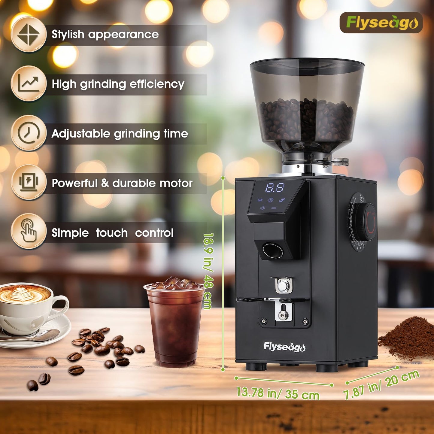 Flyseago Commercial Coffee Grinder Heavy Duty - 18 Precise Settings, 64mm SS Flat Burrs, Touch Control, 35oz Hopper for Business and Home Use, 400w