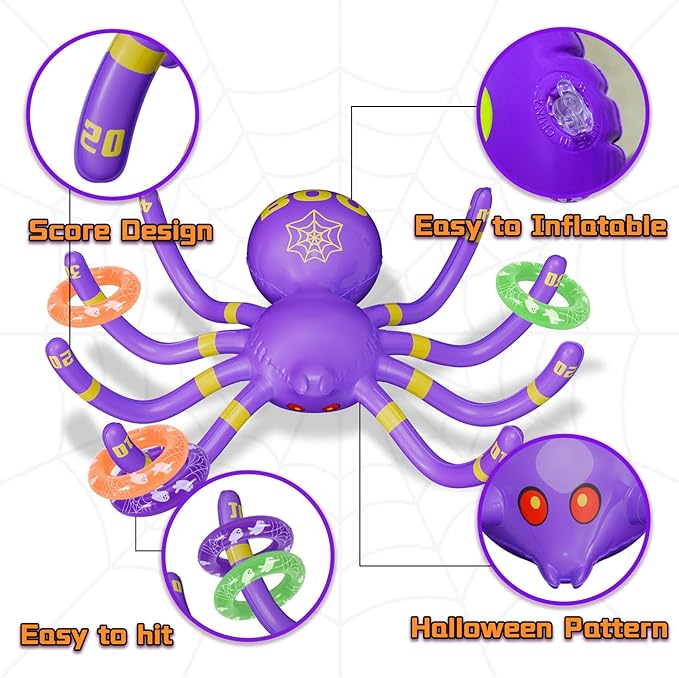 Halloween Spider Ring Toss Game, 2 Pack Inflatable Green and Purple Spiders with Rings and Pump, Fun Halloween Party Games for Kids Outdoor Trick or Treat Toys Carnival Decorations Party Favors