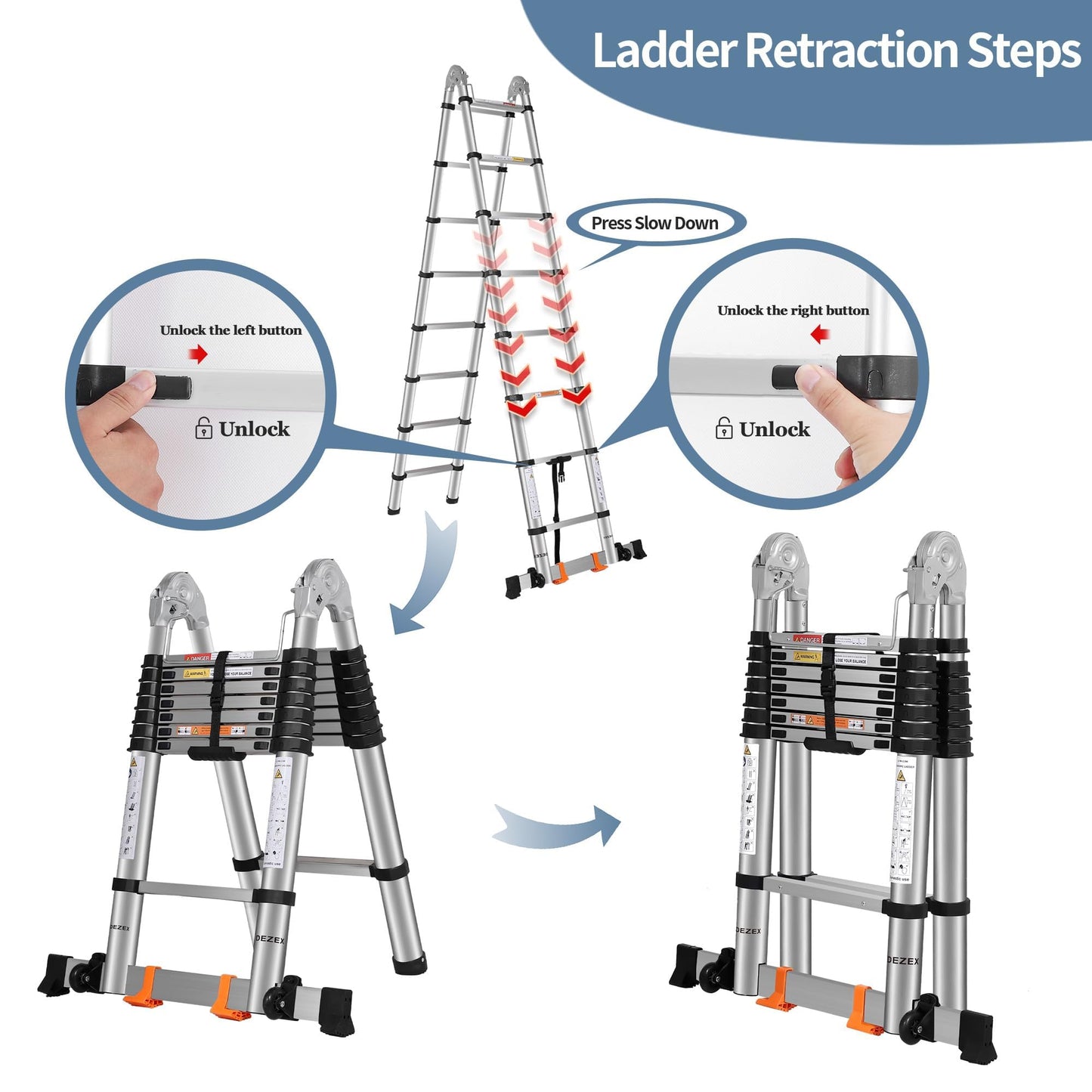 DEZEX A Frame Telescoping Ladders 16.5 FT Stainless Steel, Telescopic Ladder with Balance Bar and Movable Wheels, Multi-Purpose Collapsible Compact Ladder for Indoor Outdoor Work, 330lbs Capacity