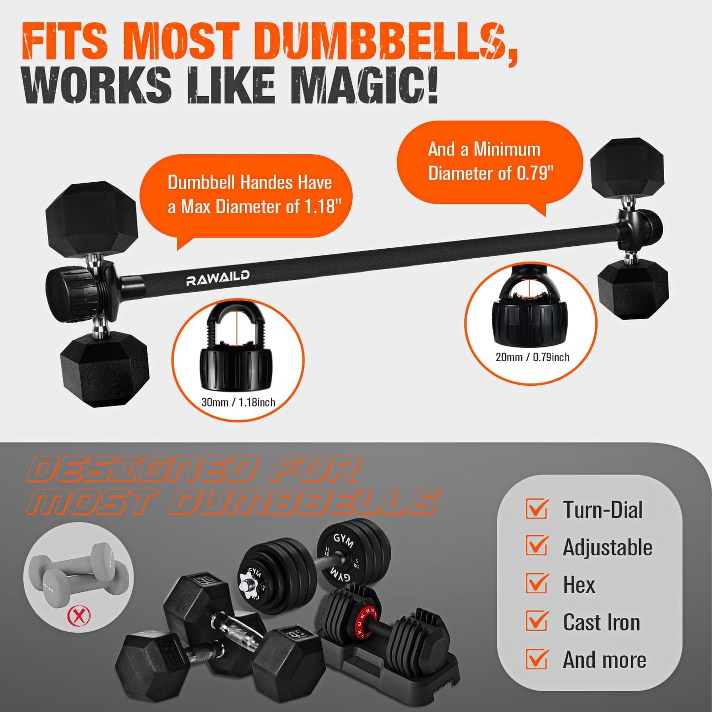Dumbbell to Barbell Converter Bar - Adjustable Weight Bar for Home Gym, Converts Dumbbells to Barbell Set, 300lbs Capacity, Anti-Slip Foam Grip, Compatible with Standard Dumbbells