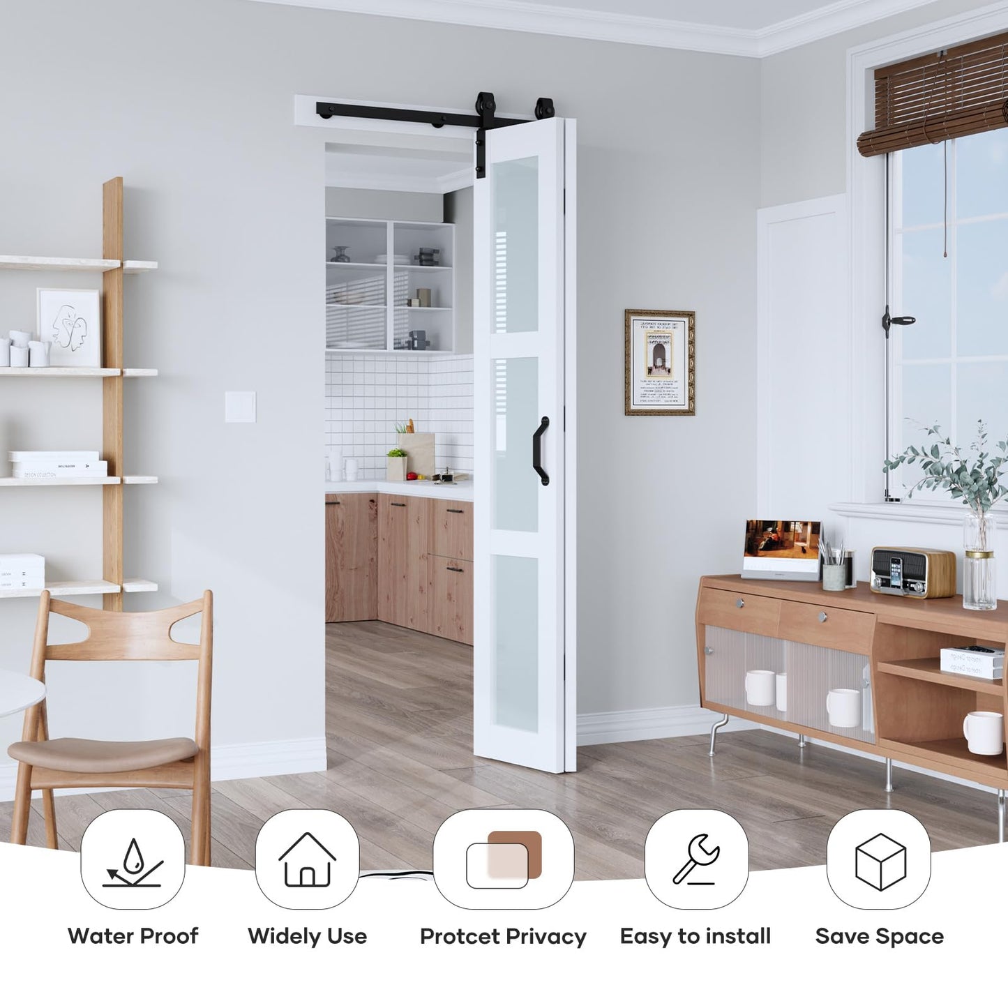 EaseLife 32"x 84" (Double 16" x 84") Bifold Barn Door, Bifold Sliding Barn Door with Hardware Kit, Solid MDF Wood Slab Covered with Water-Proof PVC Surface, Frosted Glass Panel, Assembly Required