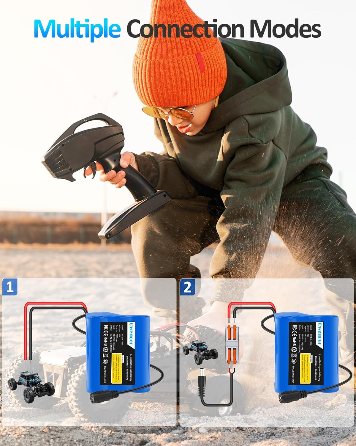 Qwenoer 5800mAh 12V 12V Pack 12 12Volt 12 Lithium Battery, Battery with Volt Battery Charger and Bare Leads Wire
