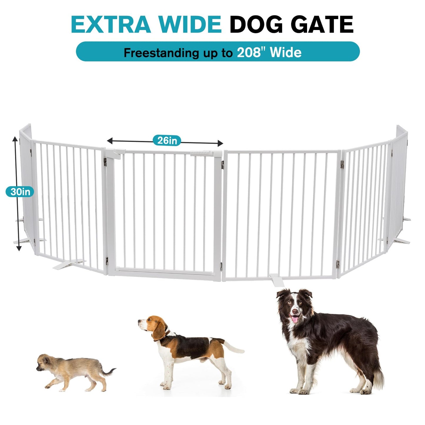 Snagle Paw Extra Wide Dog Gate,Free Standing Dog Fence with Door, Up to 208 Inch Wide Pet Gate with Support Feet for Stairs, Hallways, Doorways, Yard (White, 8 Panels)