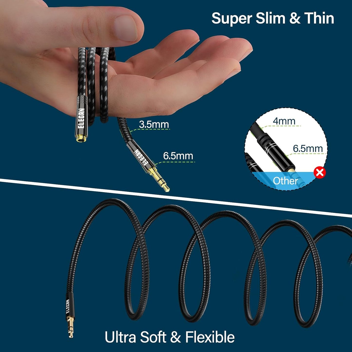 10 1/8 Inch 3.5 MM Elecan Headphone Extension Cable Ft, AUX Cord Wire Male to Female, Hi-Fi Sound Thin&Slim Braided TRS