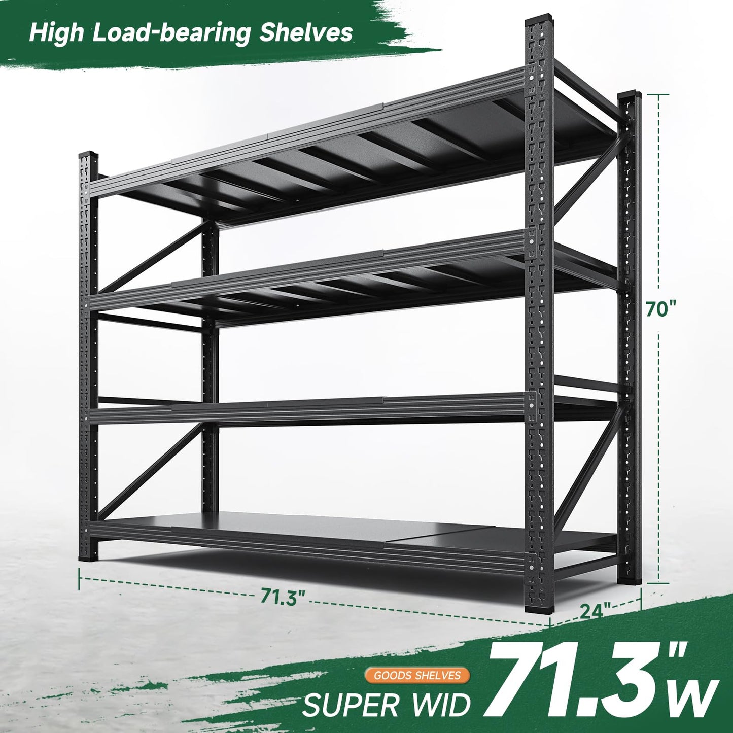 Letaya 71.3" W Metal Storage Shelves,5000LBS Heavy Duty Garage Shelving Units, 4 Tier Adjustable Utility Rack Shelf,Large Industrial Shelves,for Shop,Warehouse,Black (71.3" W x 24" D x 70" H)