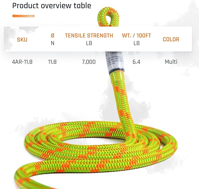 Pelican Rope Arborist Rope 11.8mm x 300Ft High-Strength 24-Strands Static Climbing Rope | 7,000 lb Strength for Tree Climbing, Pulling, Outdoors & Swing | Made in USA - Viper, Plain End